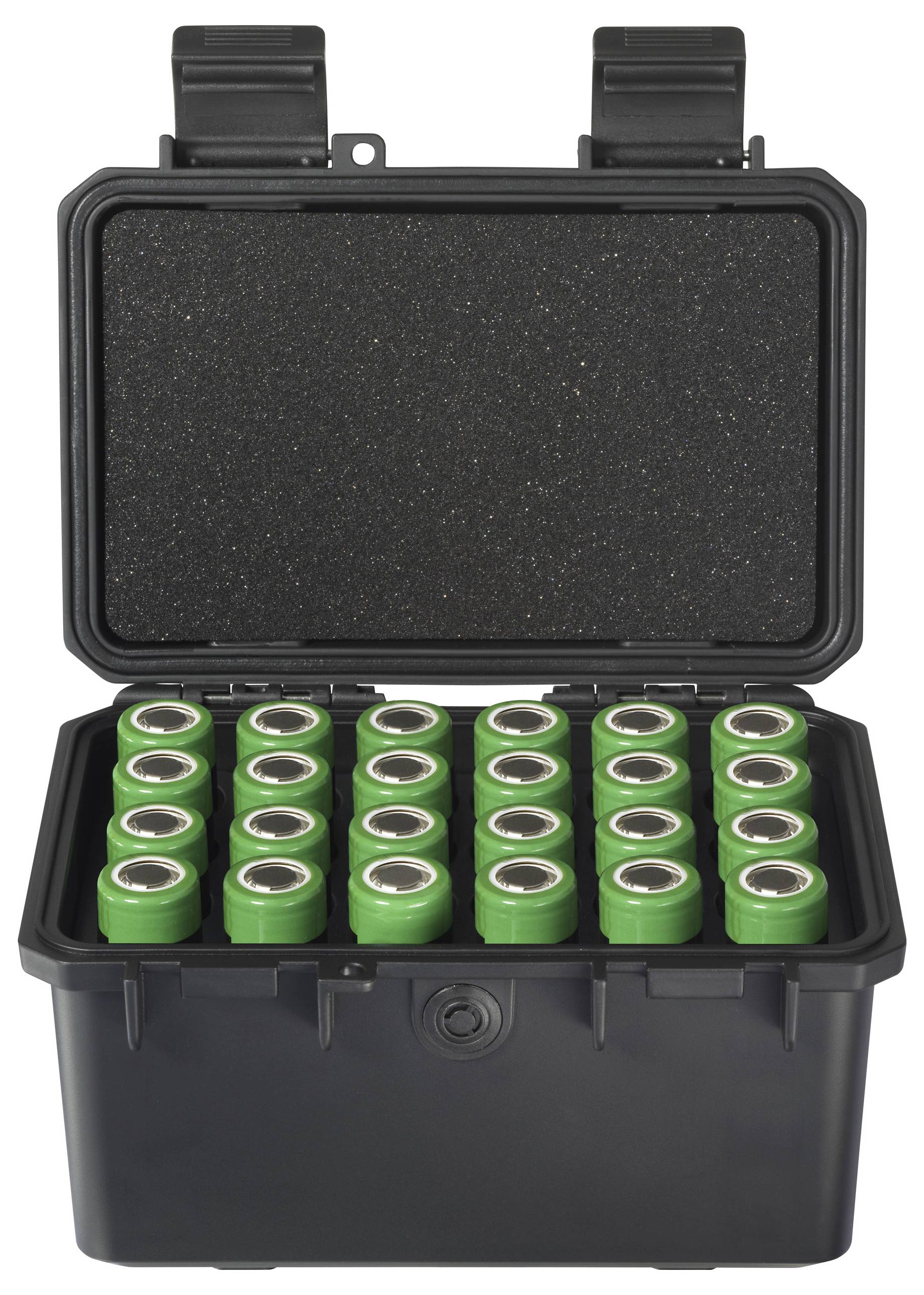 Schwarzer Koffer mit offenem Deckel und Schaumstoffeinlage, enthält 24 grüne Batteriezellen in einem geordneten Raster.