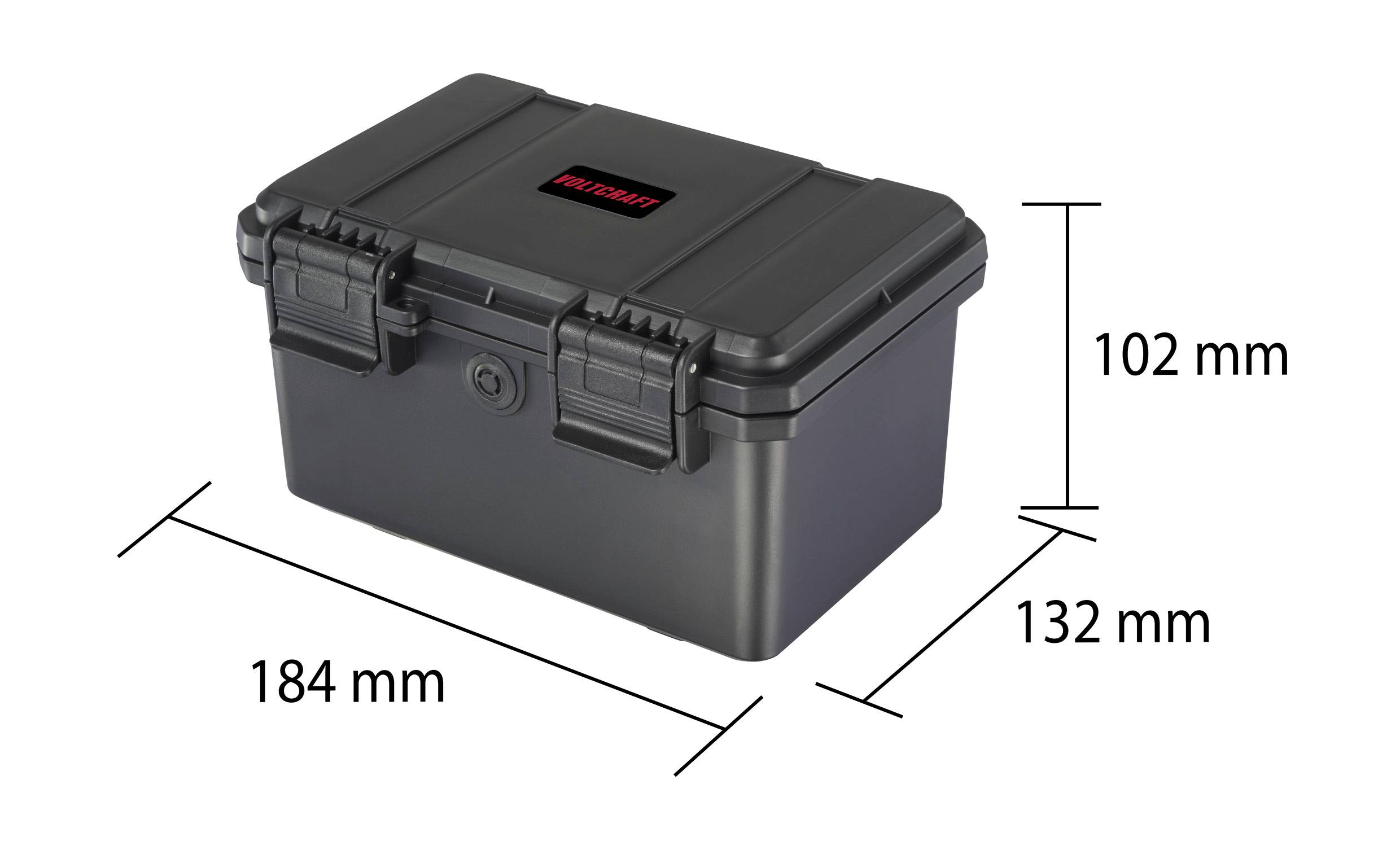 Eine schwarze, rechteckige Aufbewahrungsbox mit den Maßen 184 mm x 132 mm x 102 mm und einem Verschlusssystem.