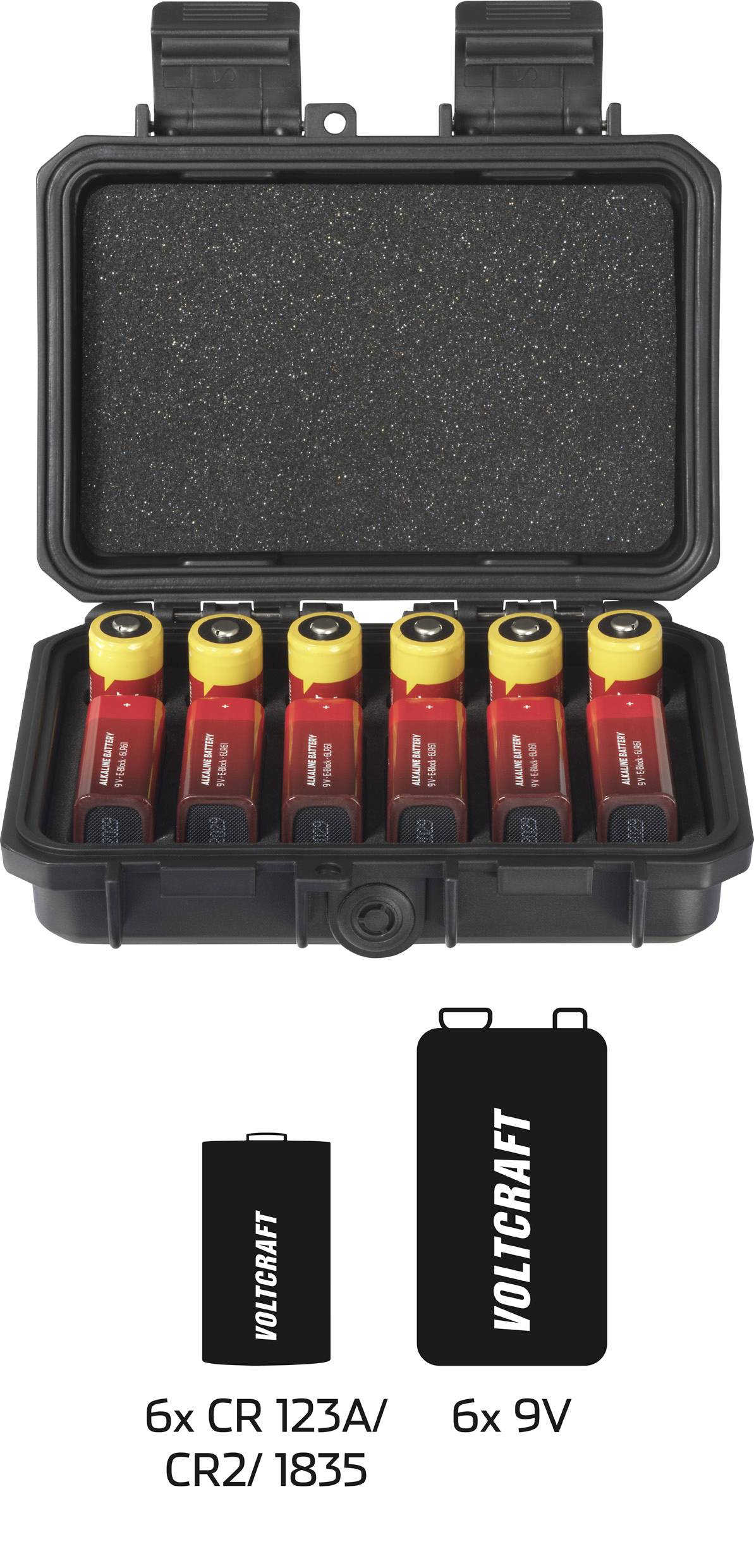 Schwarzer Koffer mit sechs roten Batteriefächern. Darunter Symbole: 6x CR 123A/CR2/1835 Batterien, 6x 9V Batterien, Marke Voltcraft.
