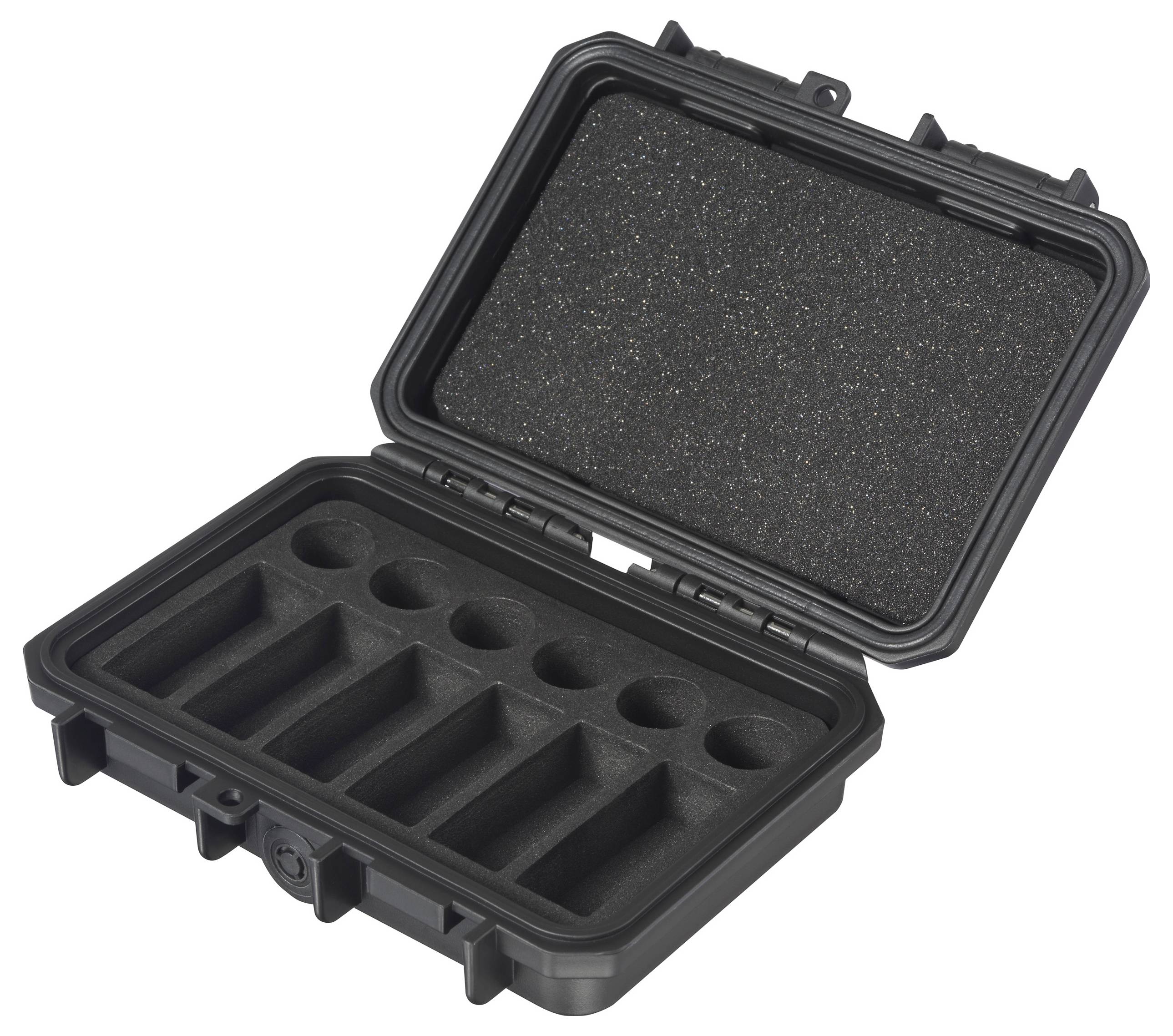 Schwarzer, geöffneter Schutzkoffer mit Fächer für acht AA-Batterien und drei runde Fächer für AAA-Batterien, Innenpolsterung aus Schaumstoff.