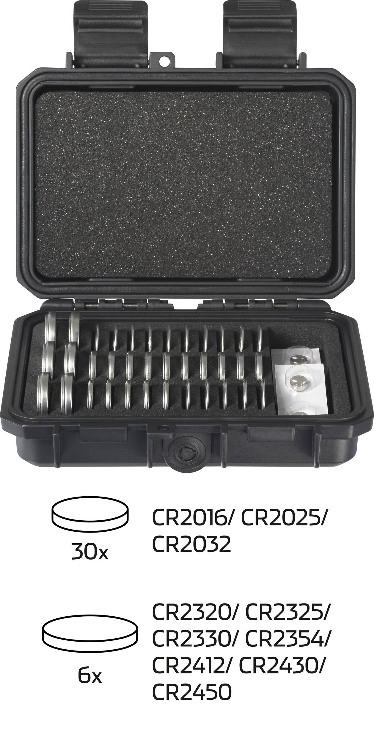 Schwarze Kunststoffbox mit 30 CR2016/CR2025/CR2032 Knopfzellen, 6 CR2320/CR2325/CR2330/CR2354/CR2412/CR2430/CR2450 gespeichert.