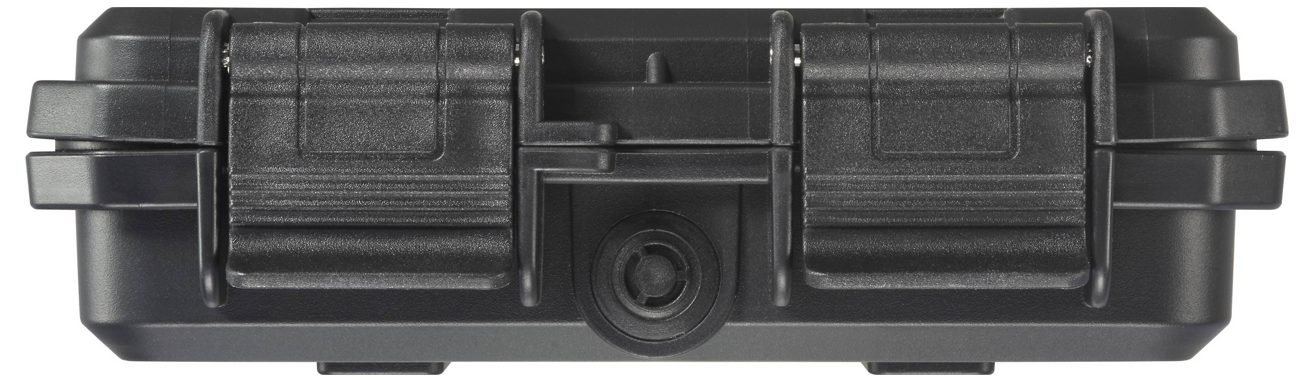 Schwarzes Hartschalen-Etui mit robusten Verschlüssen und zentralem Knopf, geeignet für sicheren Transport empfindlicher Gegenstände.