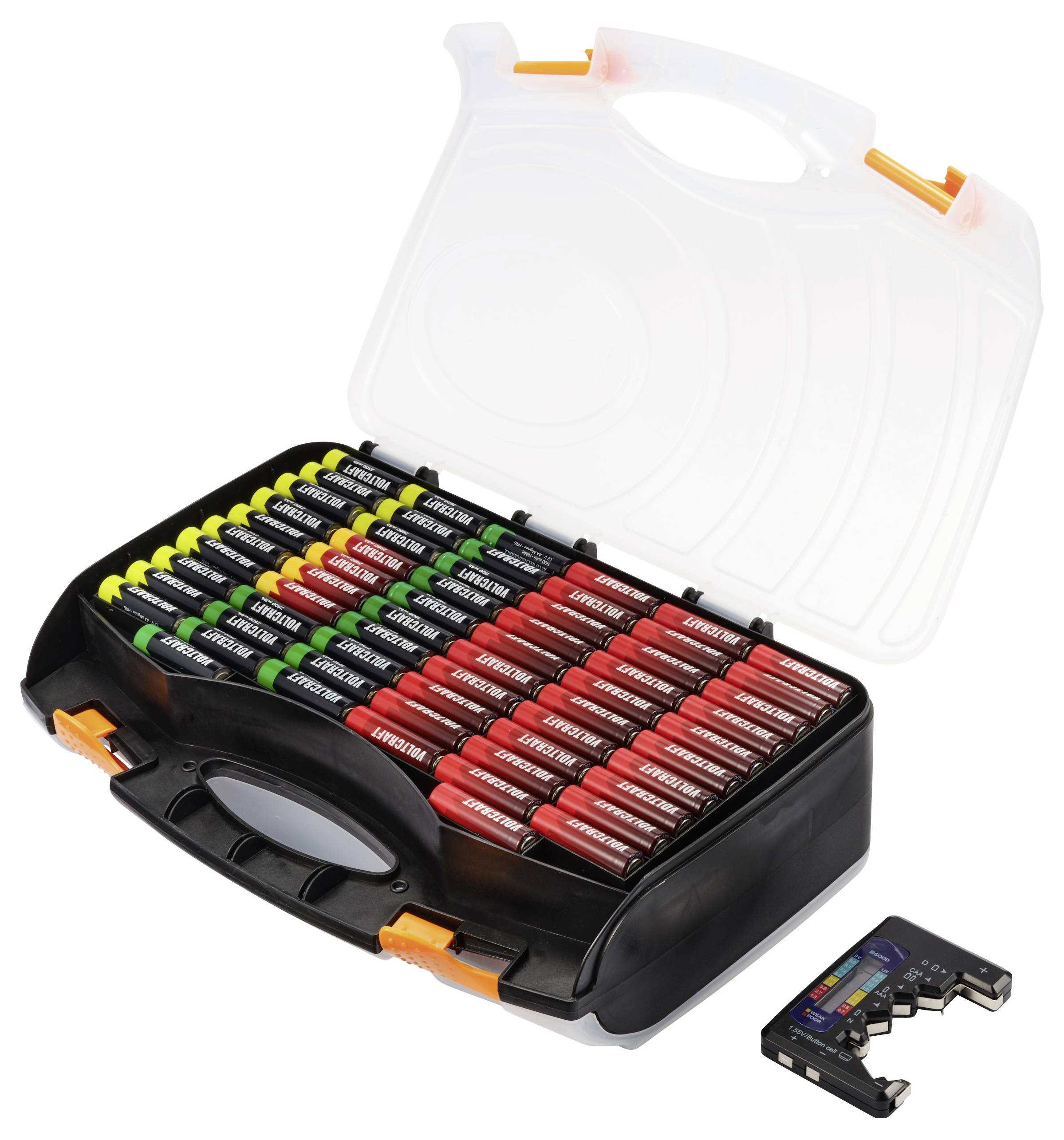 Offene schwarze Box mit verschiedenen Ersatzsicherungen in Rot und Gelb, die geordnet sind. Klare Plastikabdeckung mit orangen Verschlüssen.