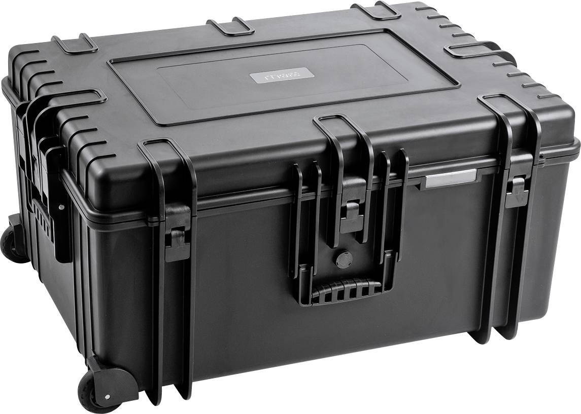 Schwarzer, stabiler Transportkoffer mit Schnappverschlüssen und Tragegriff, geeignet für den sicheren Transport von Ausrüstung.