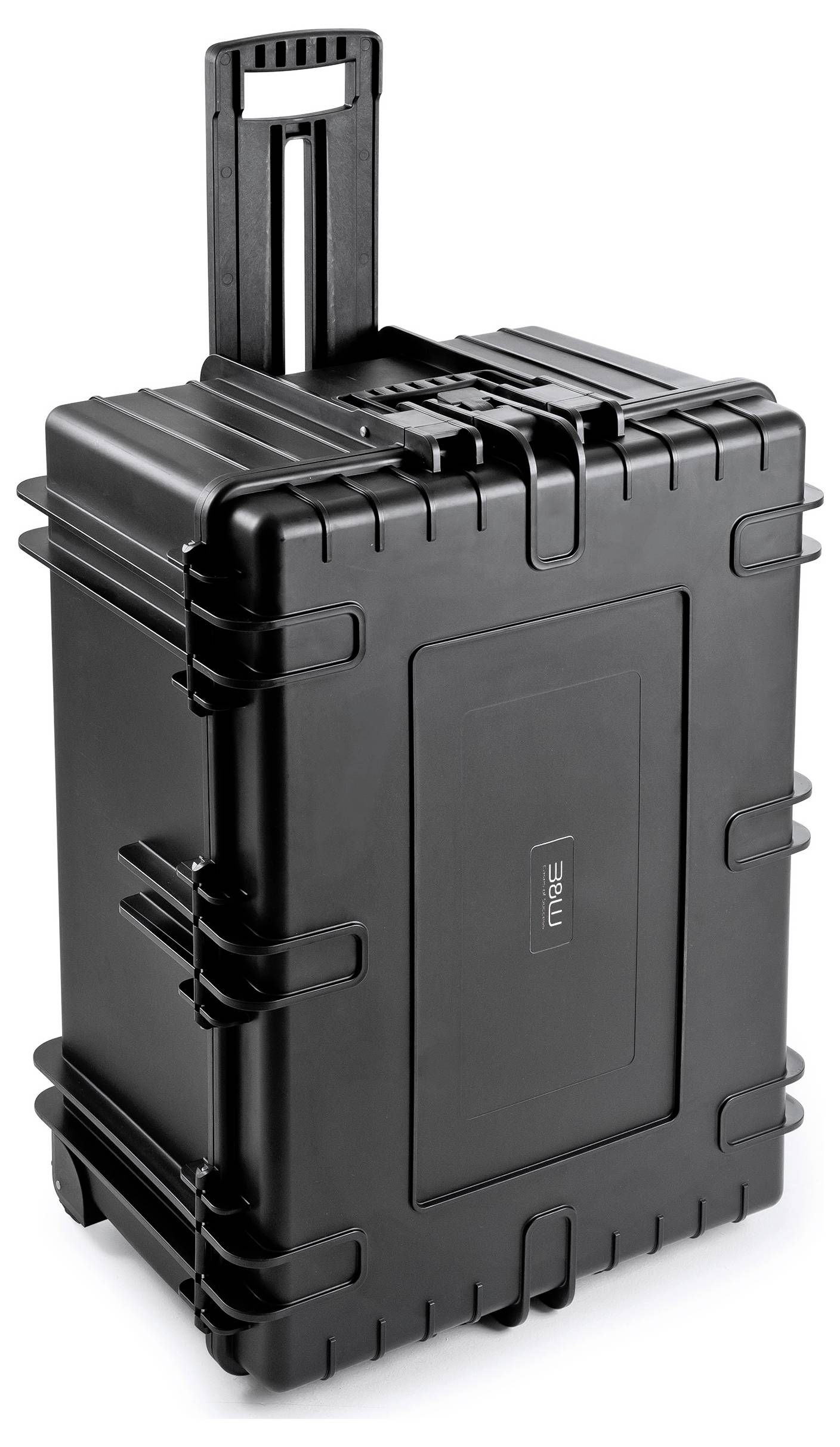 Schwarzer, robuster Rollkoffer mit Teleskopgriff, ideal für den Transport empfindlicher Ausrüstung.