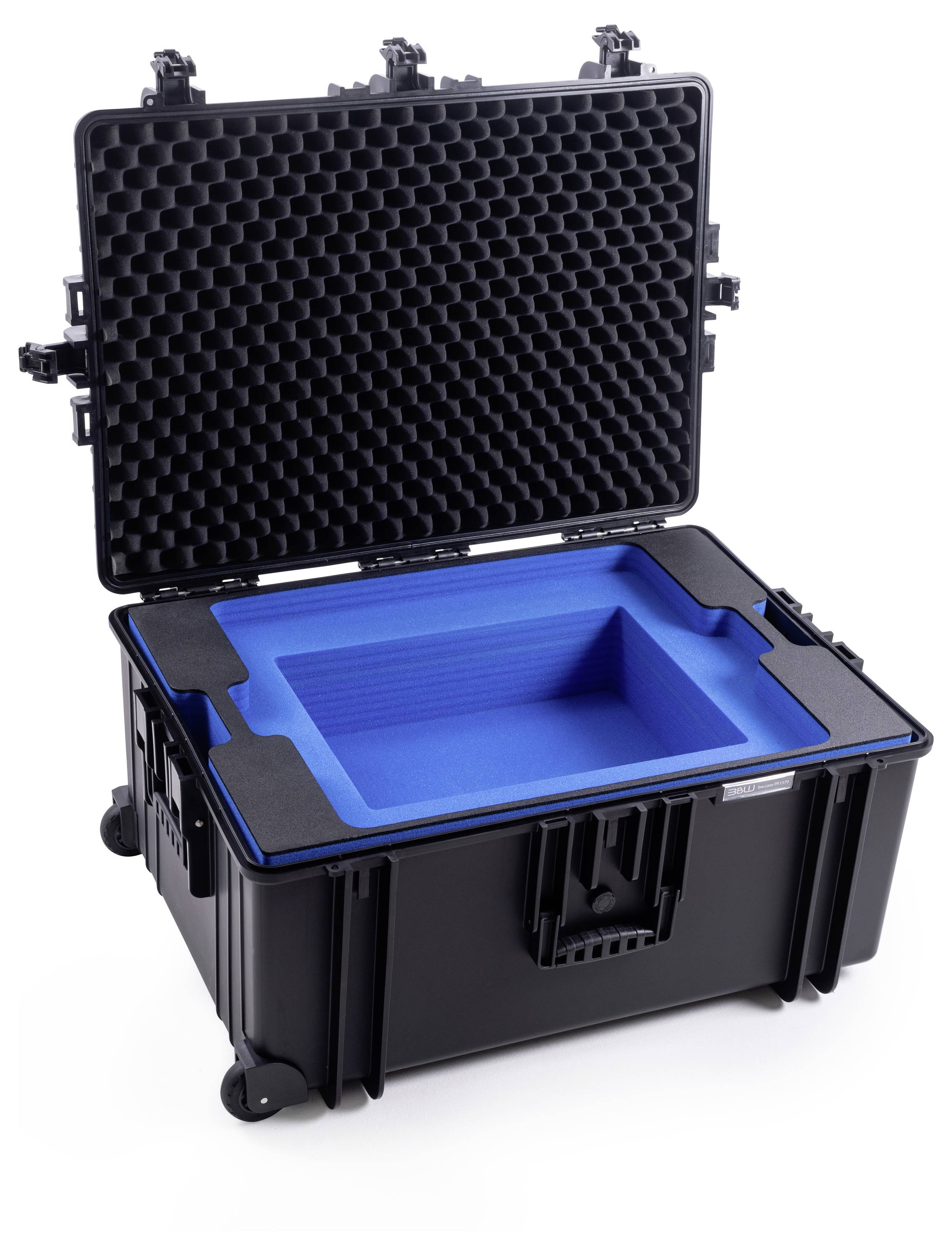 Schwarzer Schutzkoffer mit offenem Deckel zeigt blau gepolsterte Innenausstattung zum sicheren Transport empfindlicher Gegenstände.
