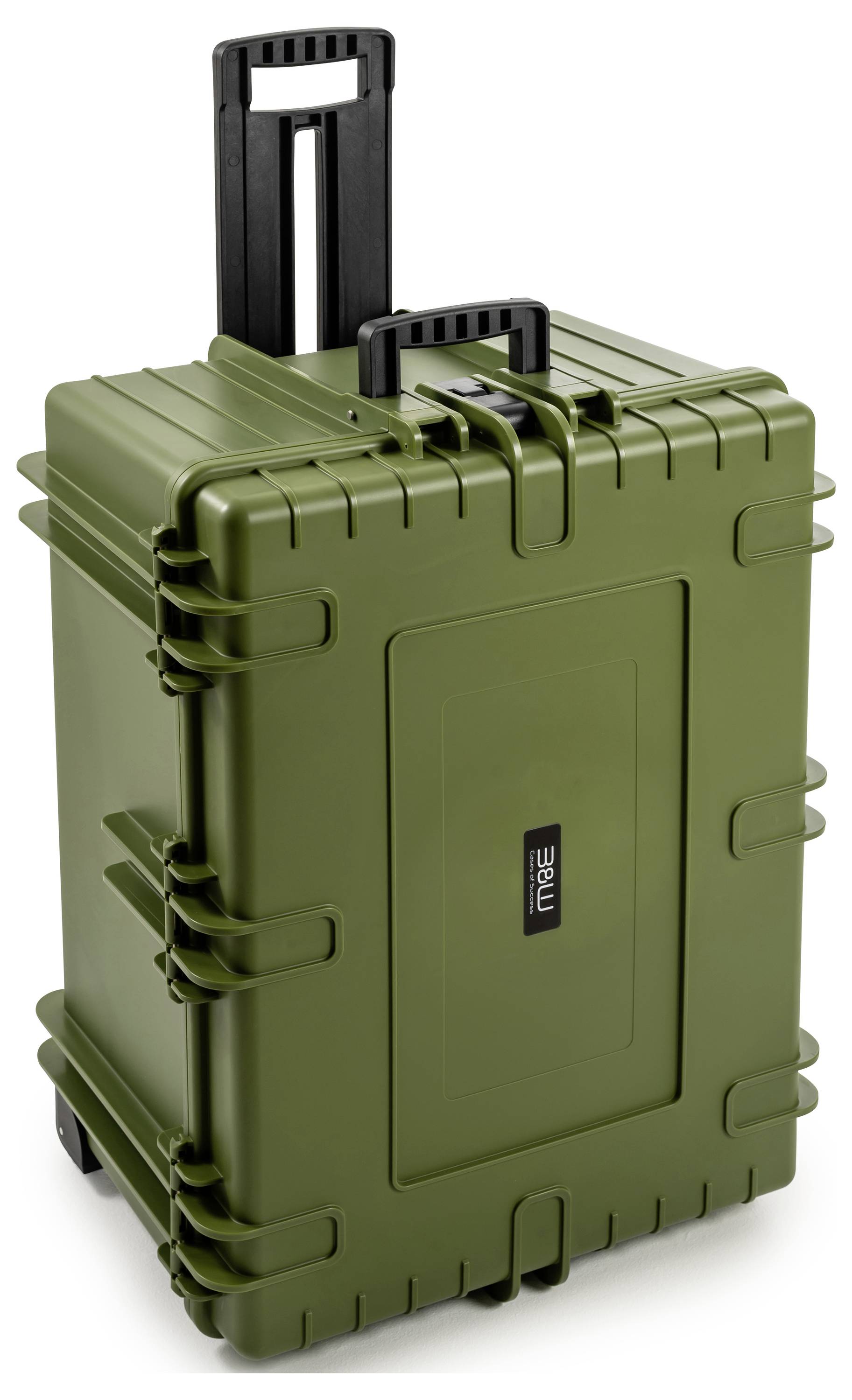 Ein grüner, robuster Koffer mit Rollen und Teleskopgriff wird gezeigt, geeignet für den sicheren Transport empfindlicher Ausrüstung.