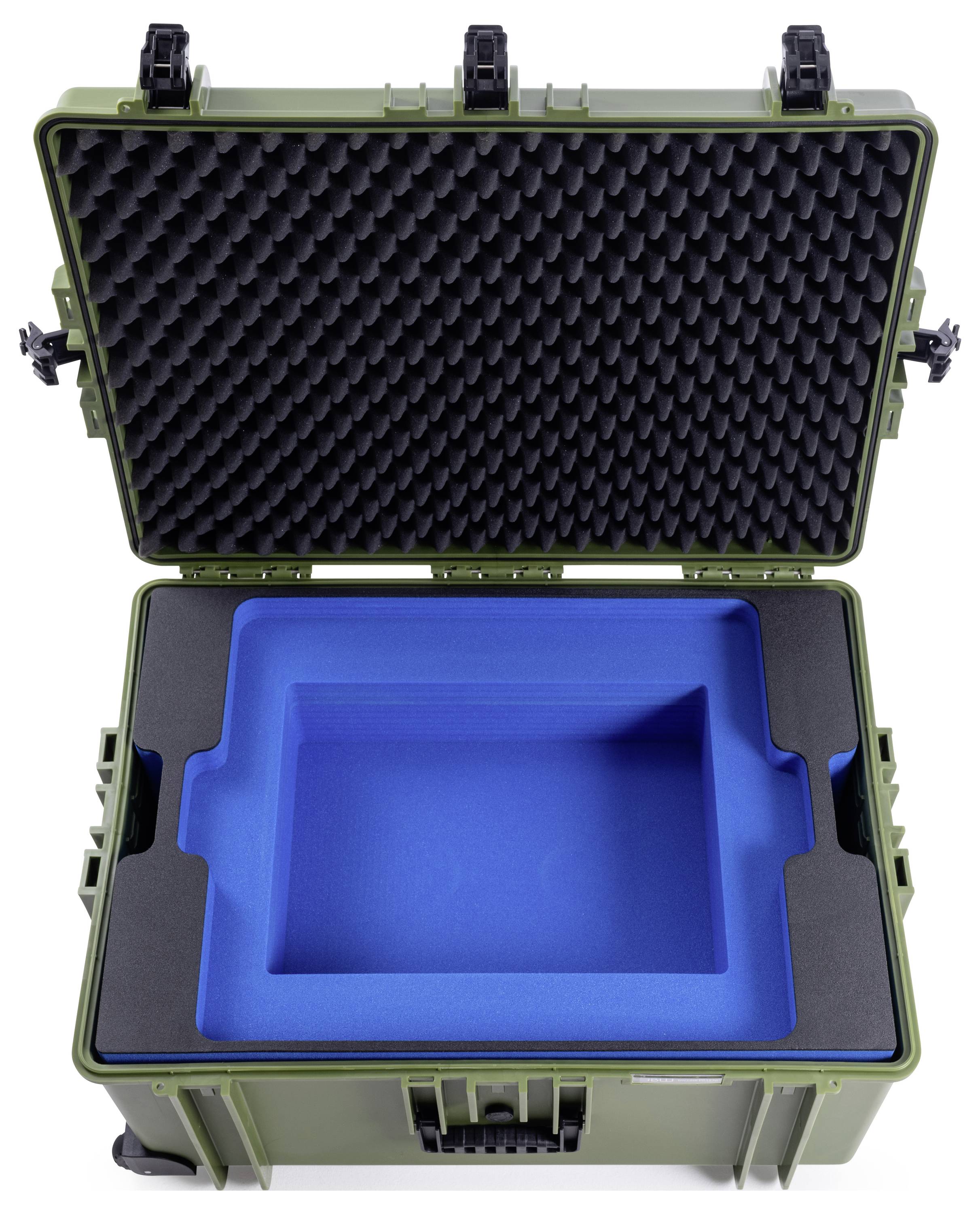 Ein geöffneter, robuster, grüner Transportkoffer mit schwarzer Schaumstoffpolsterung und blauer Einlage, bereit zur sicheren Aufbewahrung.