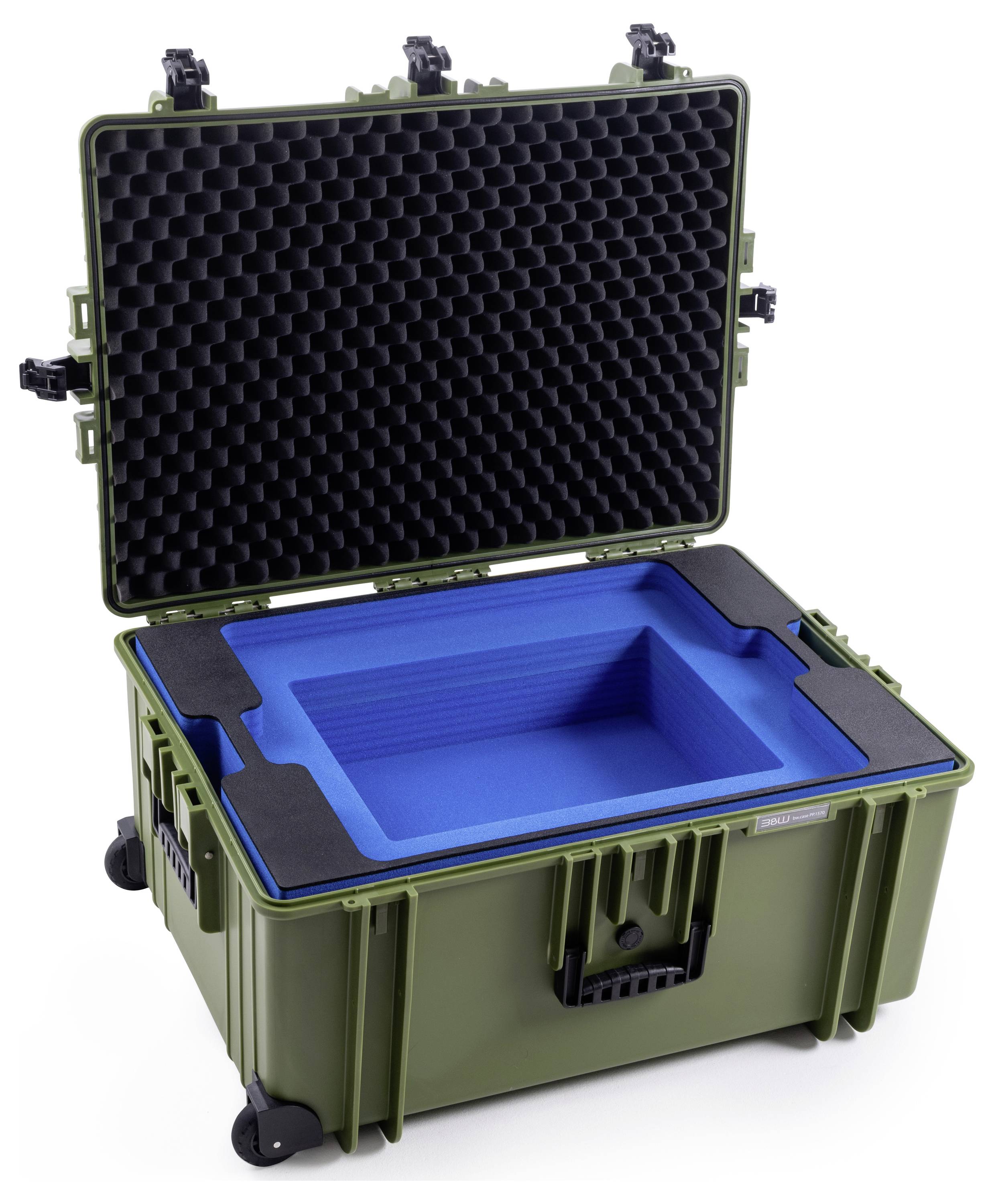 Ein geöffneter, grüner Sicherheitskoffer mit Schaumstoffauskleidung innen, bietet Schutz für empfindliche Geräte.