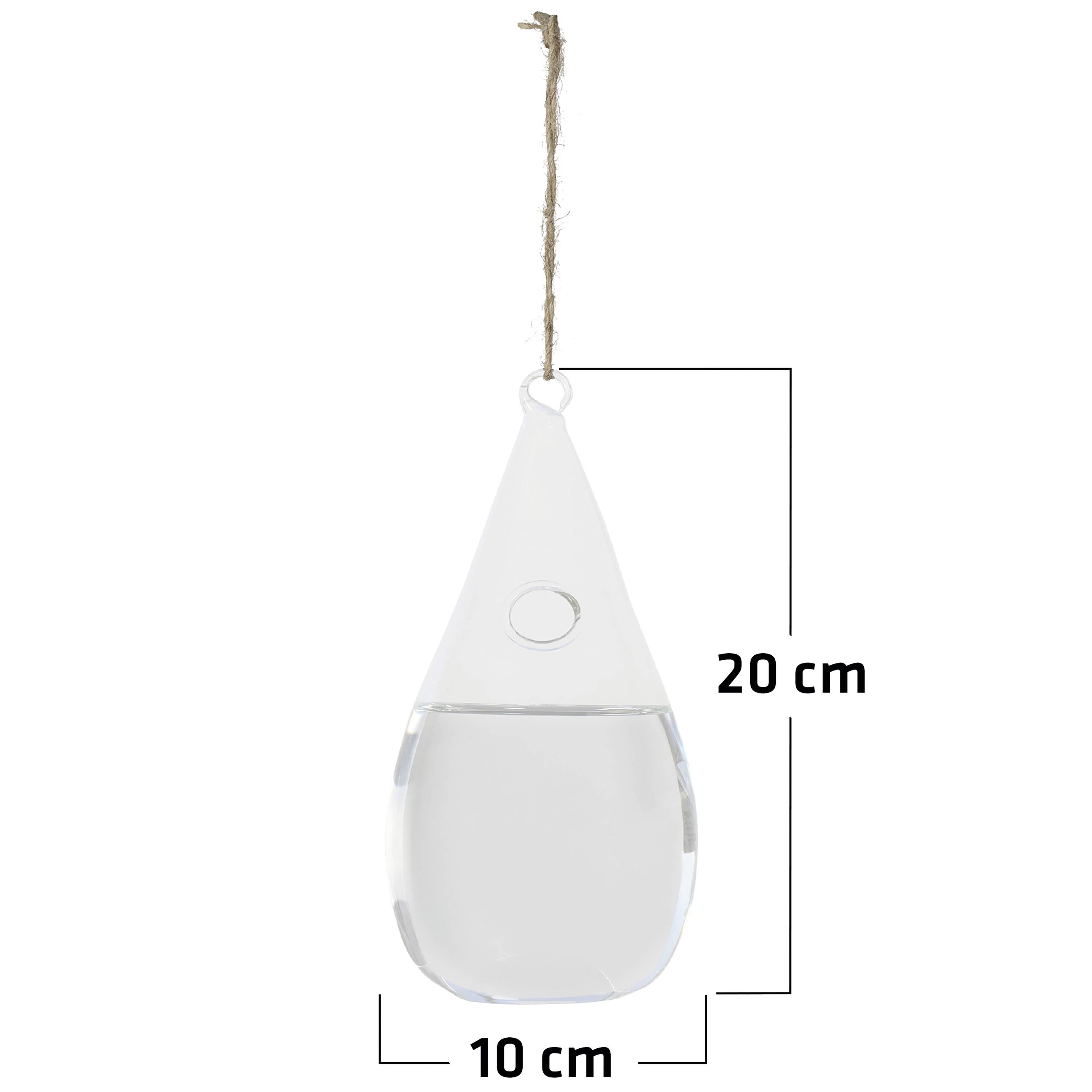Glas-Wassertropfen-Form mit Loch zum Aufhängen, gefüllt zur Hälfte mit Wasser, mit Abmessungen 20 cm hoch und 10 cm breit.