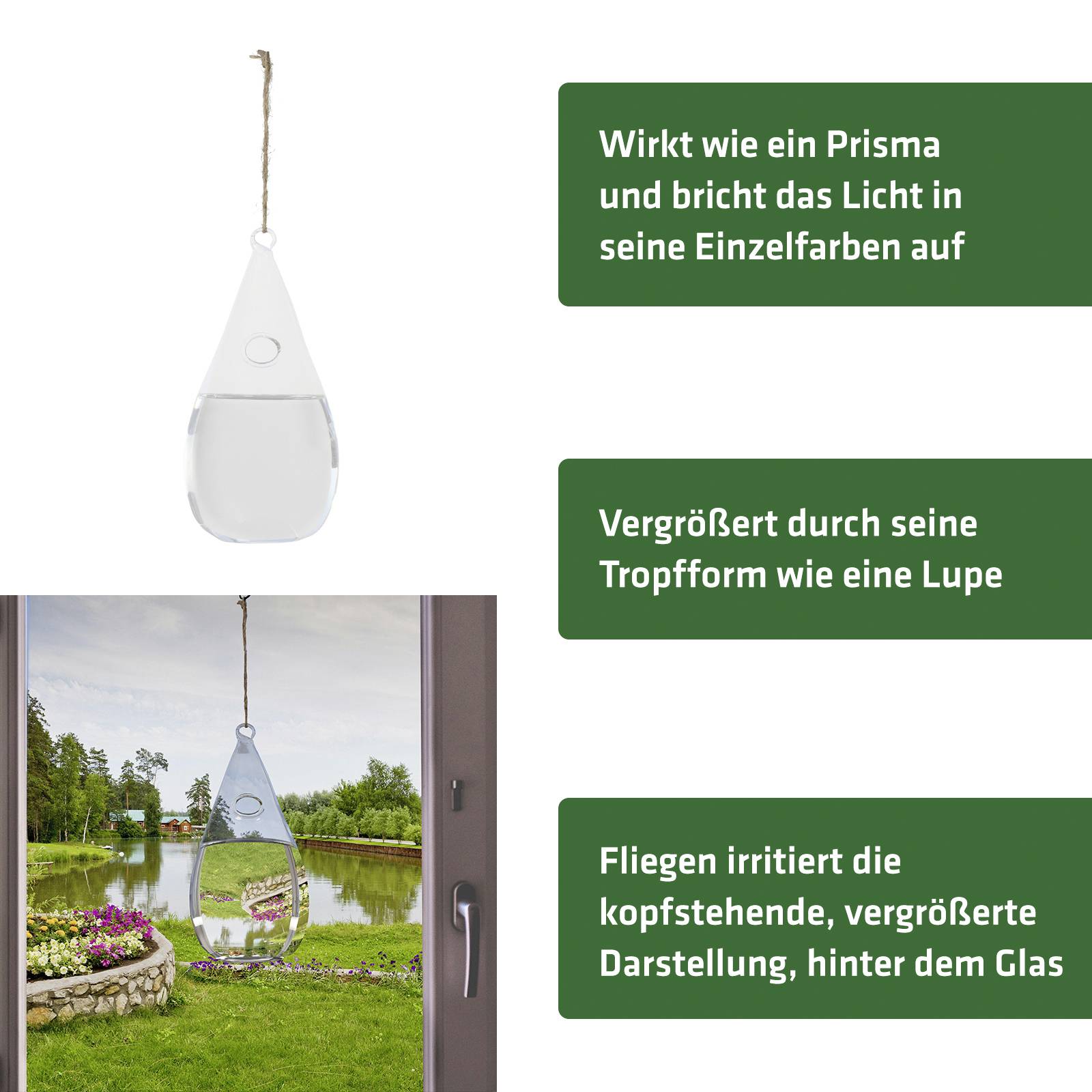Ein hängendes, tropfenförmiges Prisma an einem Fenster bricht Licht und vergrößert den Garten im Hintergrund.