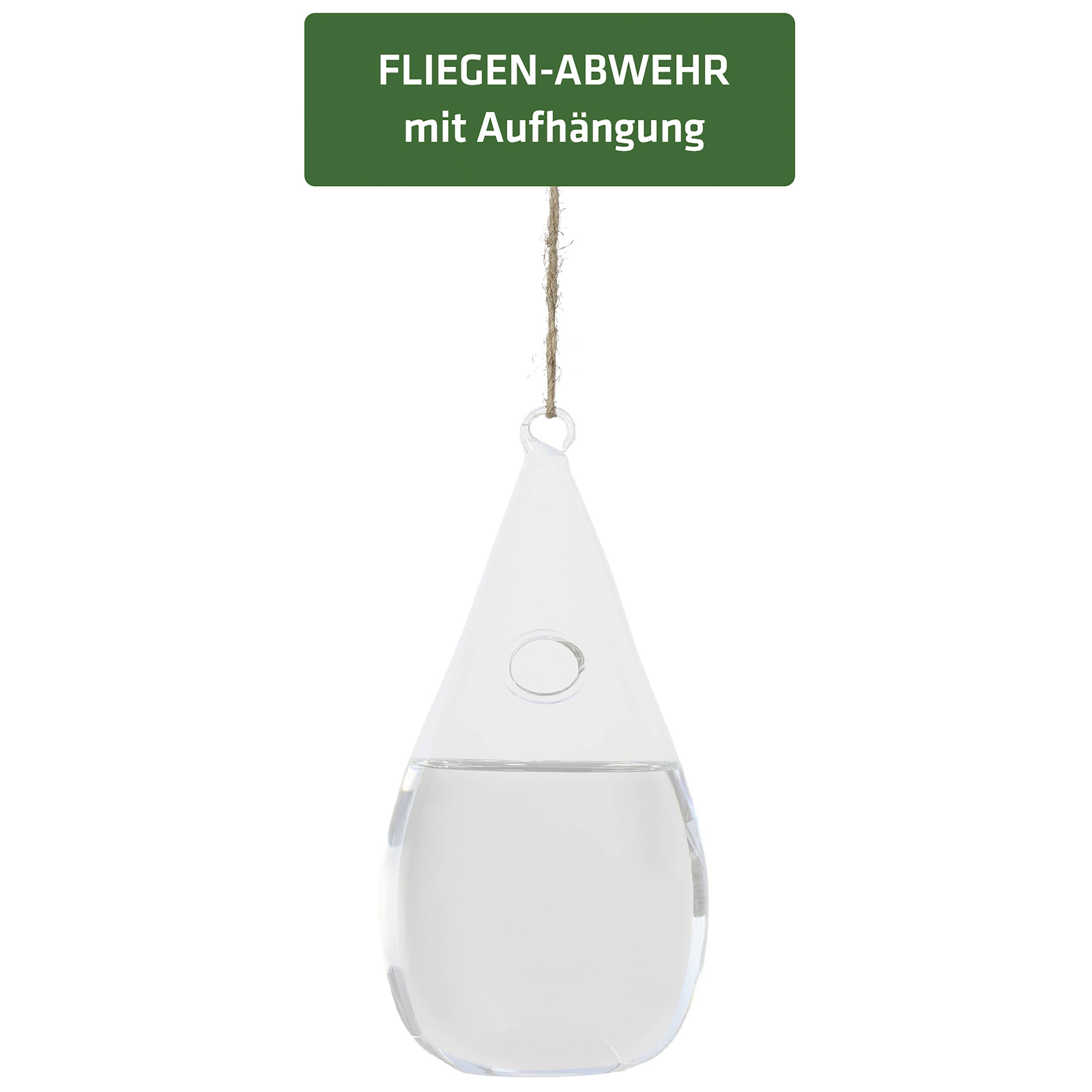 Transparente, tropfenförmige Fliegenabwehr mit Aufhängung, darunter Text 'FLIEGEN-ABWEHR mit Aufhängung' auf grünem Hintergrund.