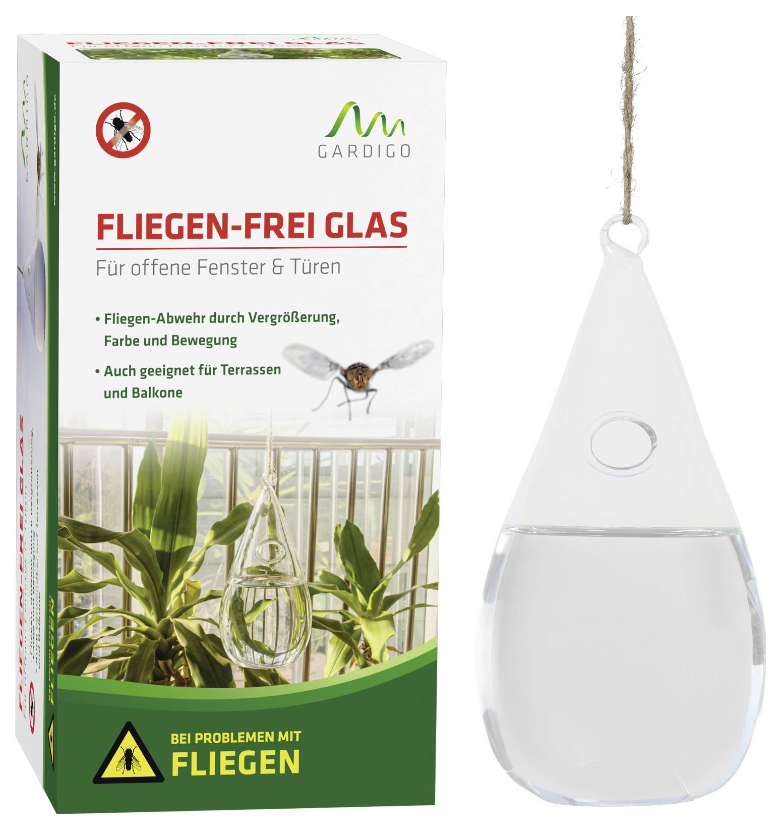 Fliegenfreies Glas-Set zur Abwehr von Fliegen, geeignet für offene Fenster und Türen. Enthält Gläser mit Wasser und Verschluss.