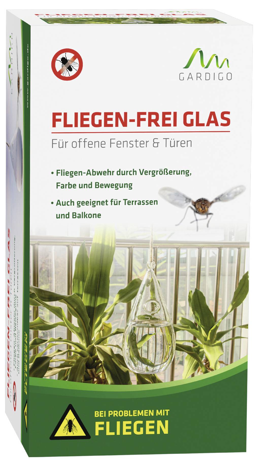 Verpackung eines Fliegenabwehrprodukts für offene Fenster und Türen. Enthält Vergrößerungsglas. Geeignet für Terrassen und Balkone.