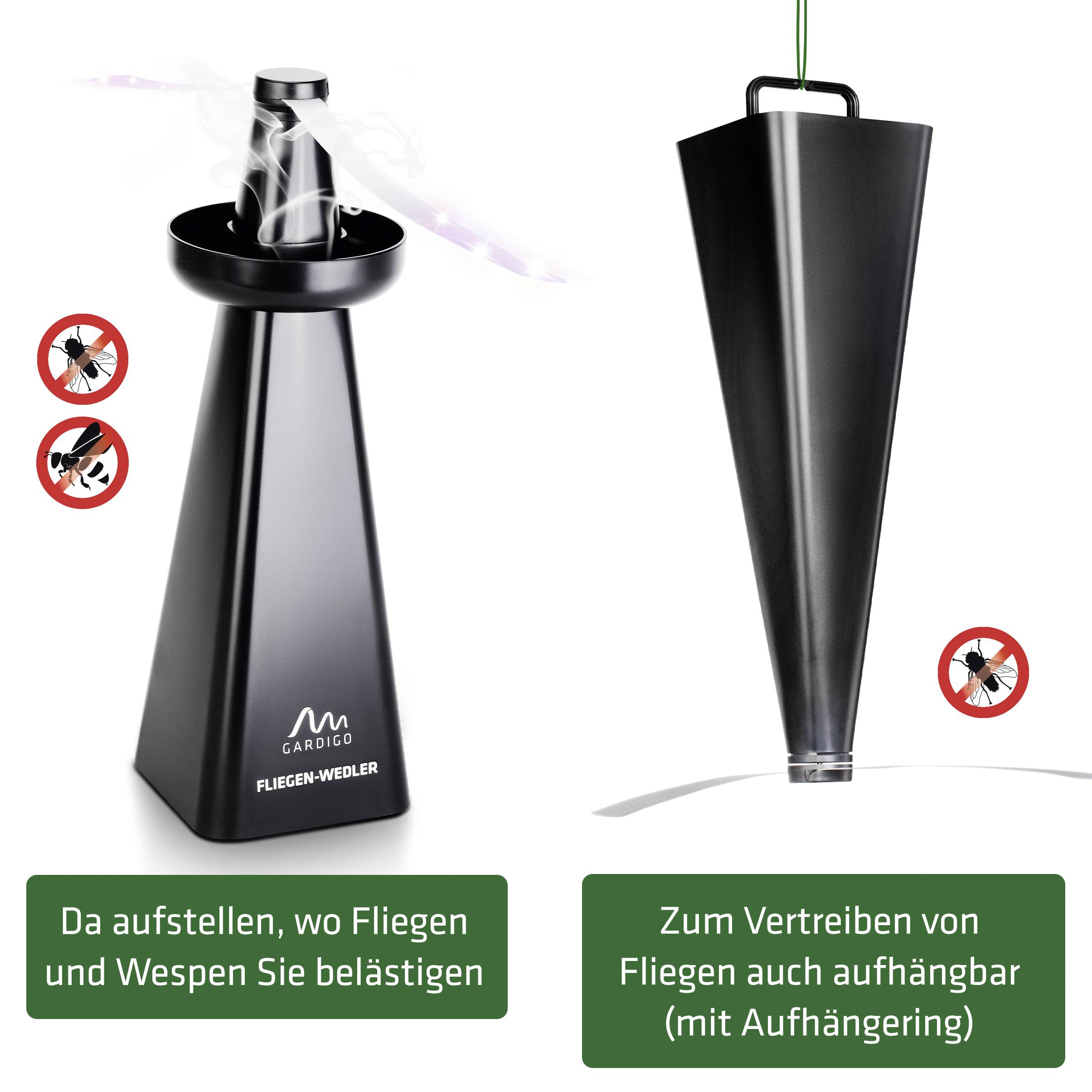Zwei Geräte zur Fliegenabwehr: links ein kegelförmiges, schwarzes Gerät, rechts ein hängender, trichterförmiger Abweiser.