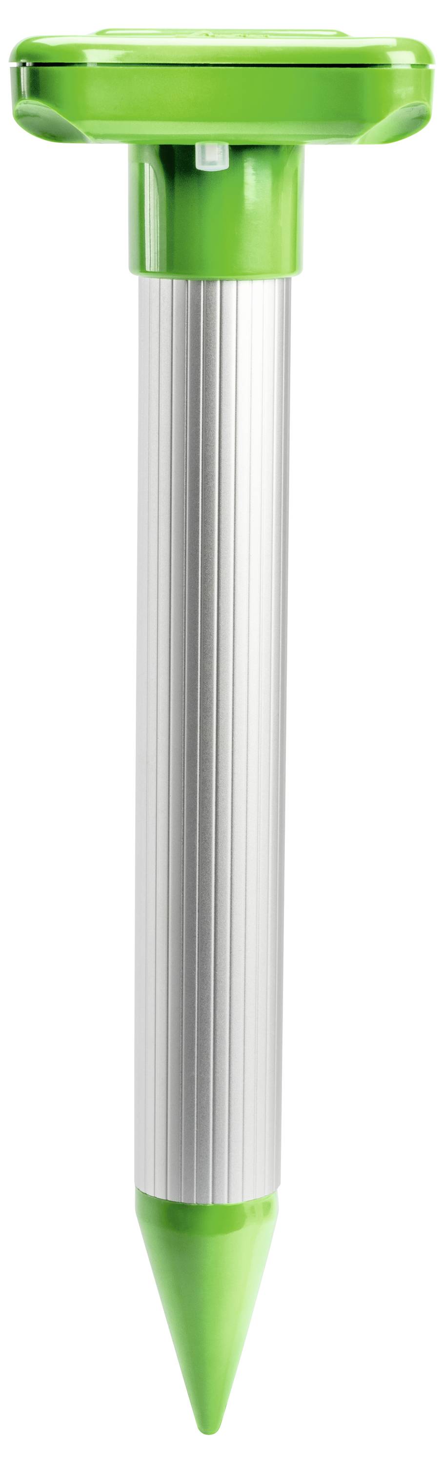 Ein grüner, solarbetriebener Maulwurfabwehrstab mit einer strukturierten Aluminiumstange und spitzem Ende zur Bodeninstallation.