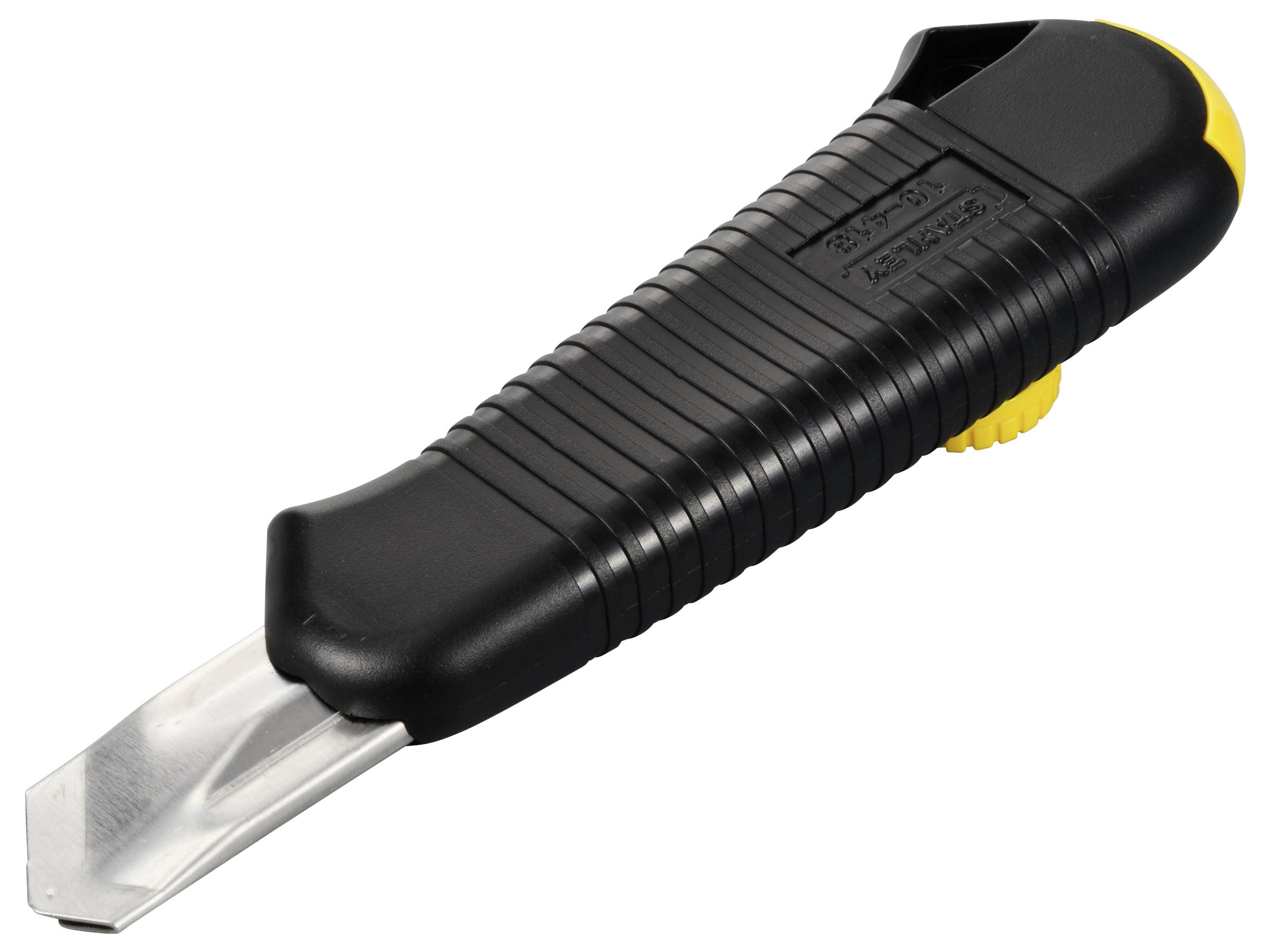 Schwarzes Sicherheitsmesser mit gelbem Detail und ausfahrbarer Klinge, geeignet für präzise Schneidarbeiten.