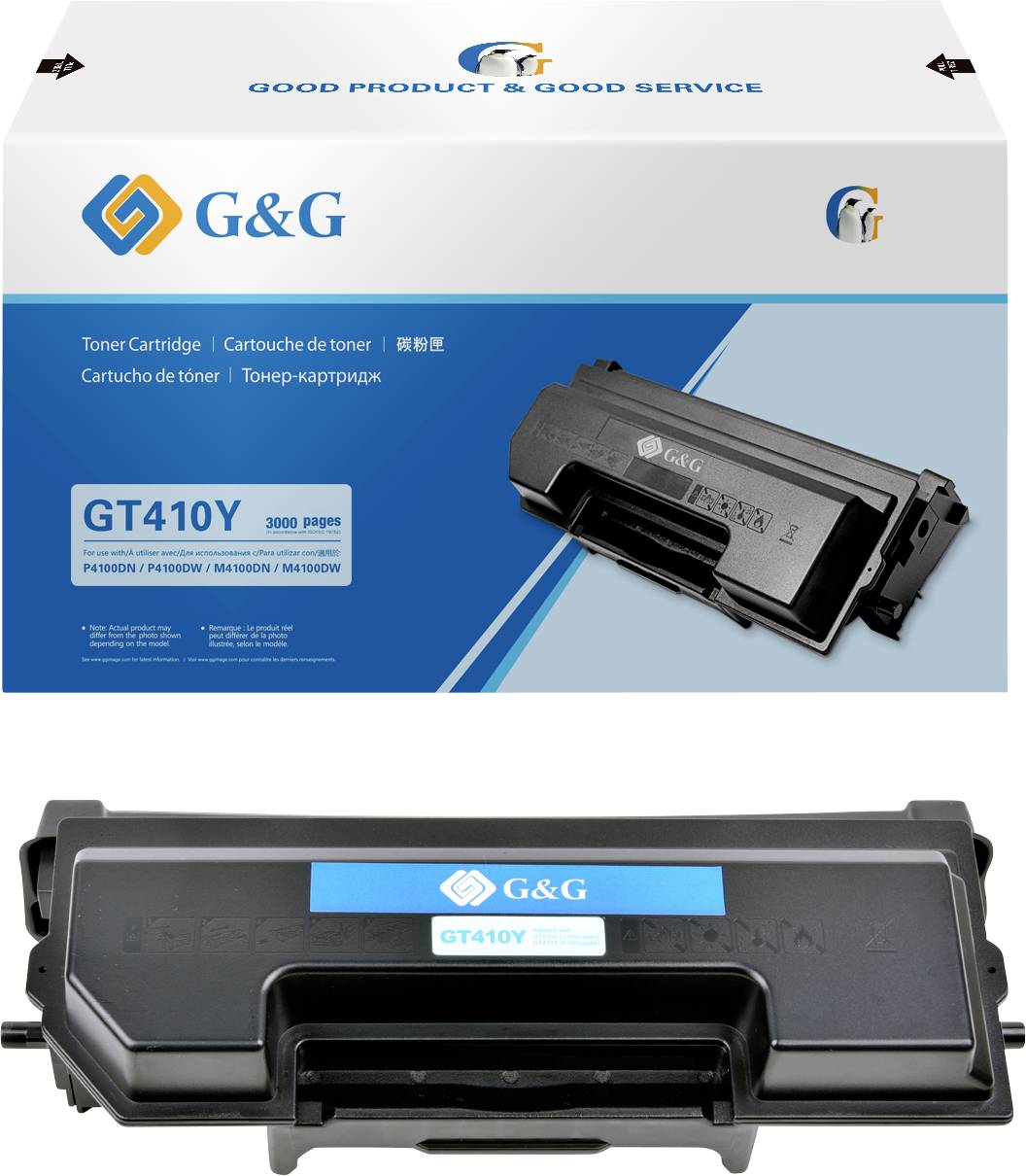 Toner Cartridge GT410Y für 3000 Seiten, geeignet für Druckermodelle P2100DN, P2100DW, M2100N, M2100NW. Auf weißer Verpackung mit blauer und gelber Akzenten abgebildet.