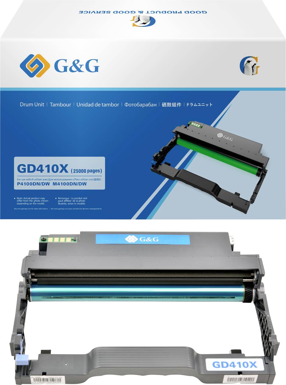 Trommeleinheit G&G GD410X für Druckermodell M4100DN/DW, zeigt Produktverpackung und entnommene Einheit mit hellblauem Trommelzylinder.