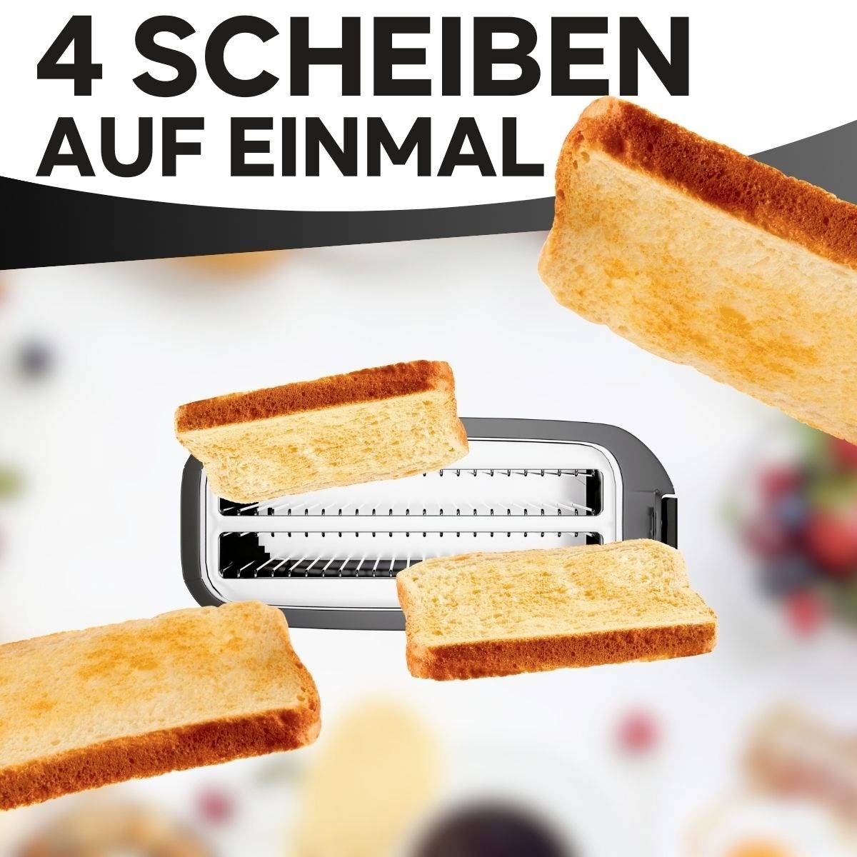 Ein Toaster mit 4 Toastscheiben. Text oben: '4 Scheiben auf einmal'. Hintergrund unscharf mit farbigen Details.