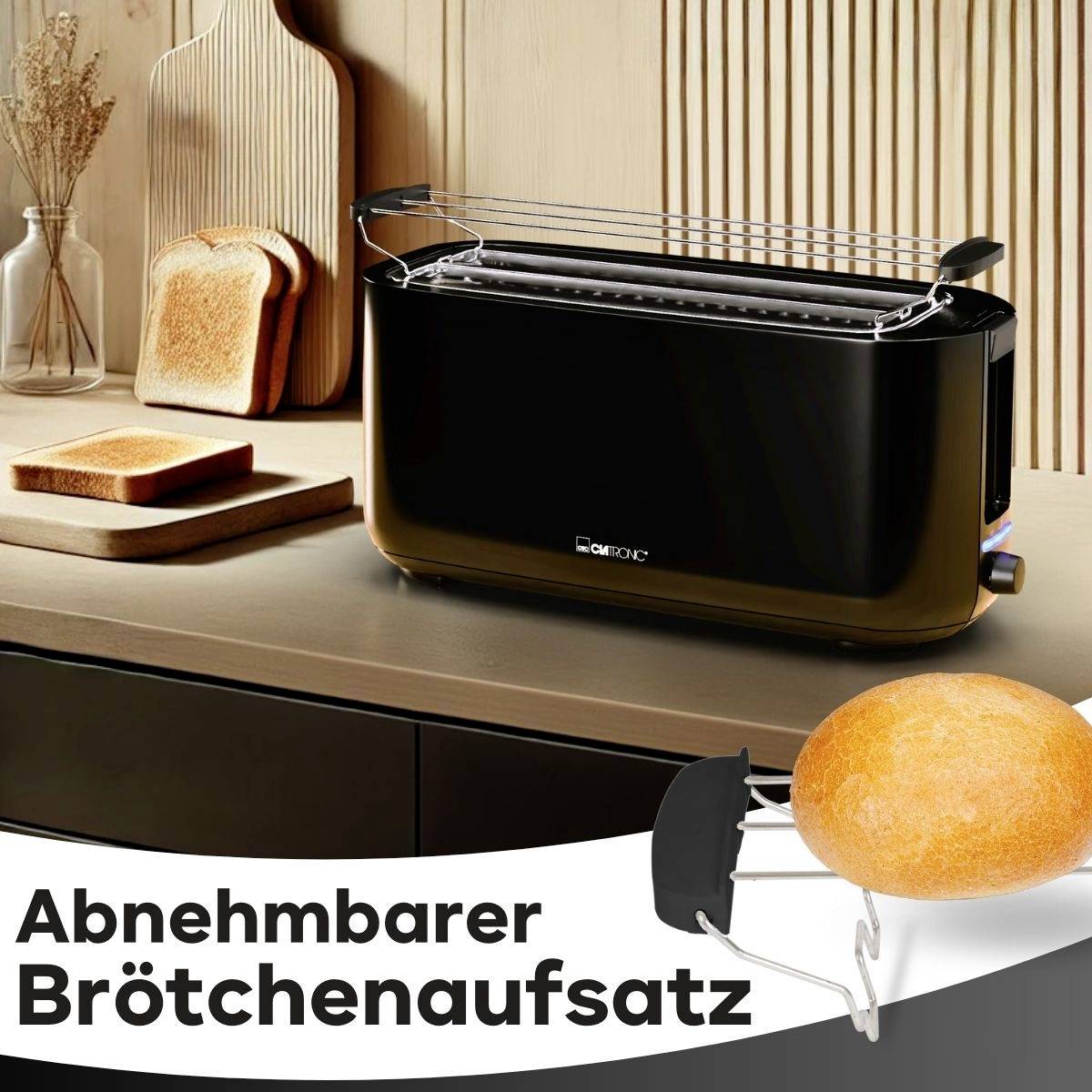 Ein Toaster mit einem abnehmbaren Brötchenaufsatz steht auf einer Küchentheke neben geschnittenem Brot und einer Vase.