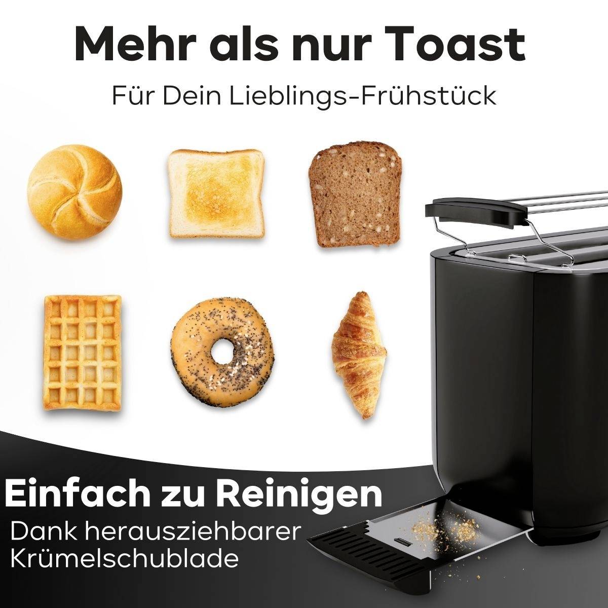 Ein Toaster mit aufklappbarer Krümelschublade. Verschiedene Brotsorten, darunter Croissant und Brötchen, zeigen Vielseitigkeit.