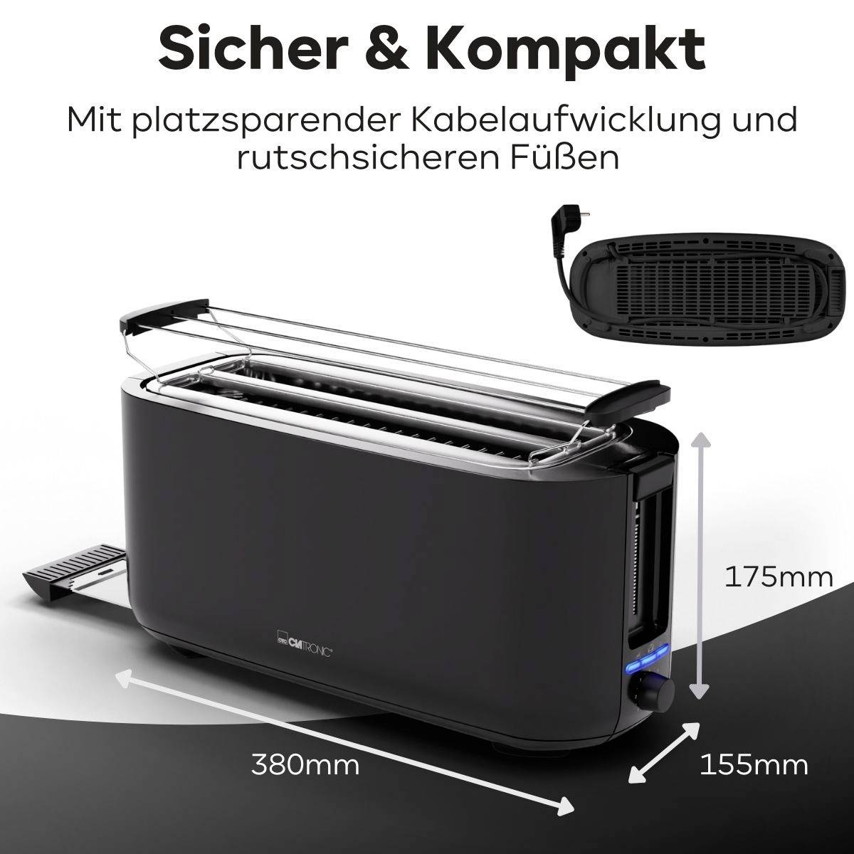 Toaster in Schwarz, schlankes Design. Sicher & Kompakt, mit platzsparender Kabelführung und rutschfesten Füßen. Maße: 380x155x175mm.