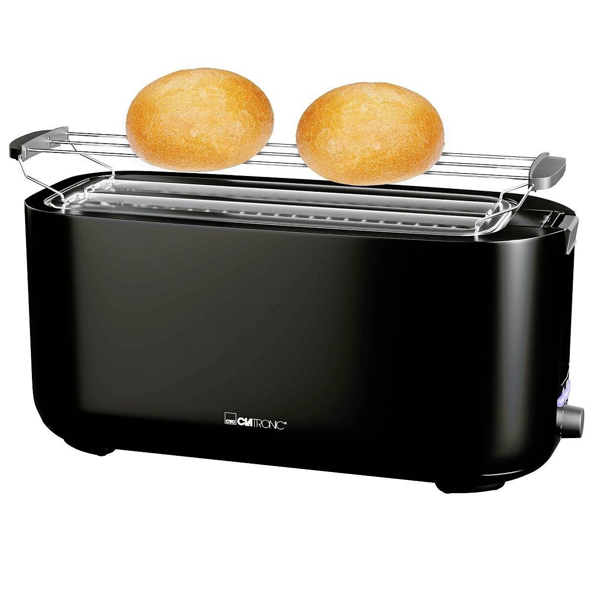 Ein schwarzer Toaster mit Brötchenaufsatz röstet zwei goldbraune Brötchen.