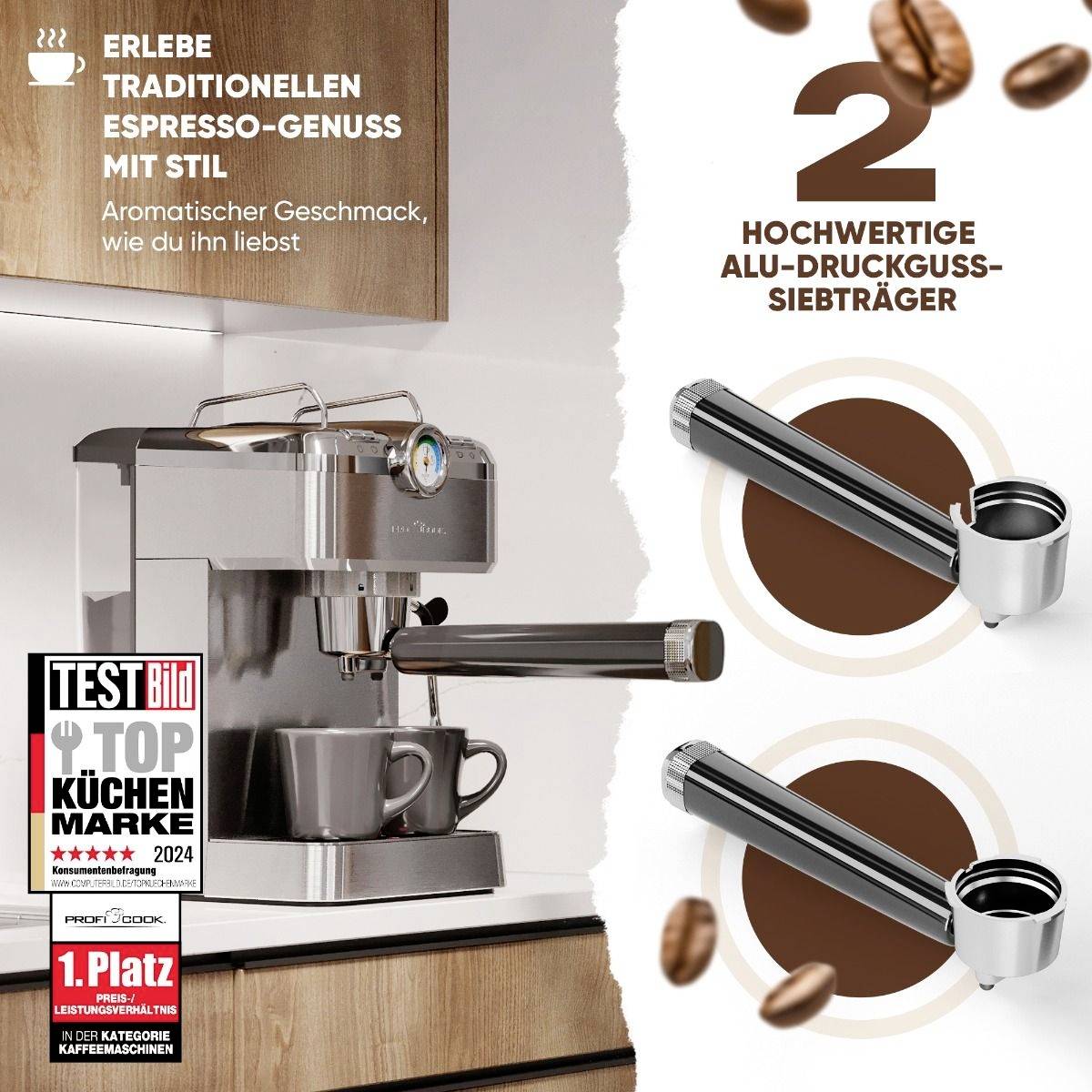 Espressomaschine auf Küchentheke, zwei Alu-Druckguss-Siebträger und Espressobohnen. Text wirbt für traditionellen Espressogenuss.
