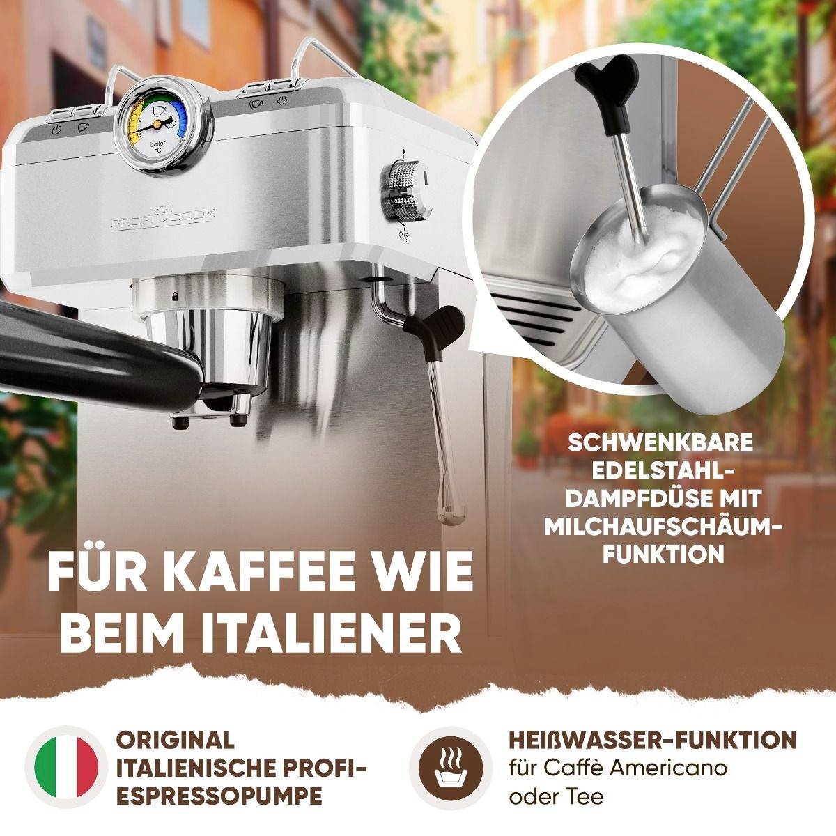 Kaffeemaschine mit Edelstahl-Dampfdüse und Milchaufschäumfunktion. Text: 'Für Kaffee wie beim Italiener', 'Heißwasser-Funktion'.