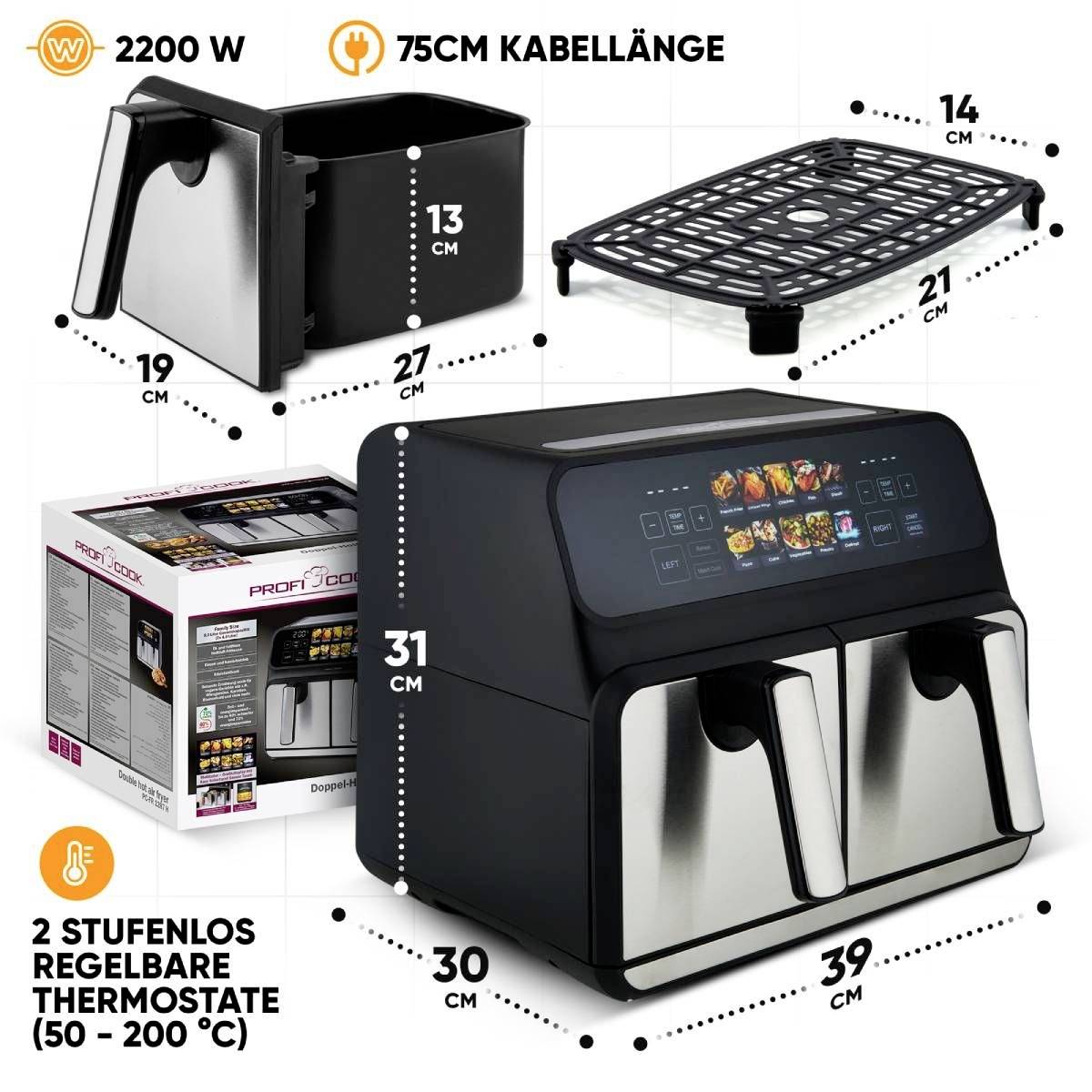 Profi Cook PC-FR 1287 H inox Heißluft-Fritteuse 8 l 2200 W Edelstahl, Schwarz
