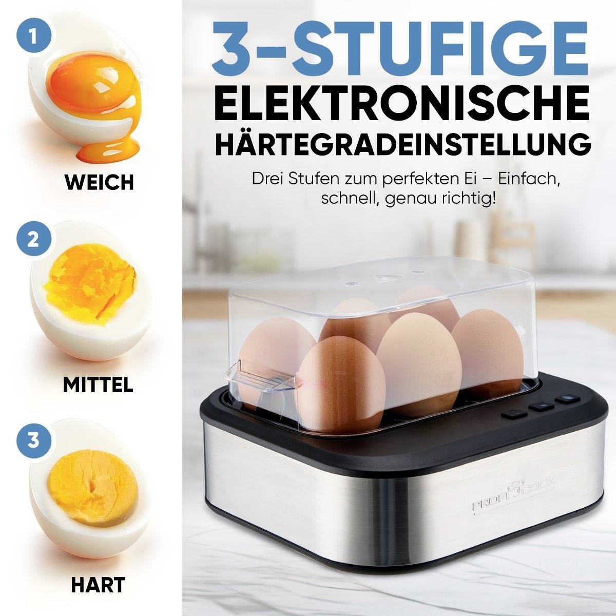 '3-Stufige elektronische Härtegradeinstellung' für Eierkocher, zeigt weich-, mittel- und hartgekochte Eierstufen mit Eiern im Gerät.