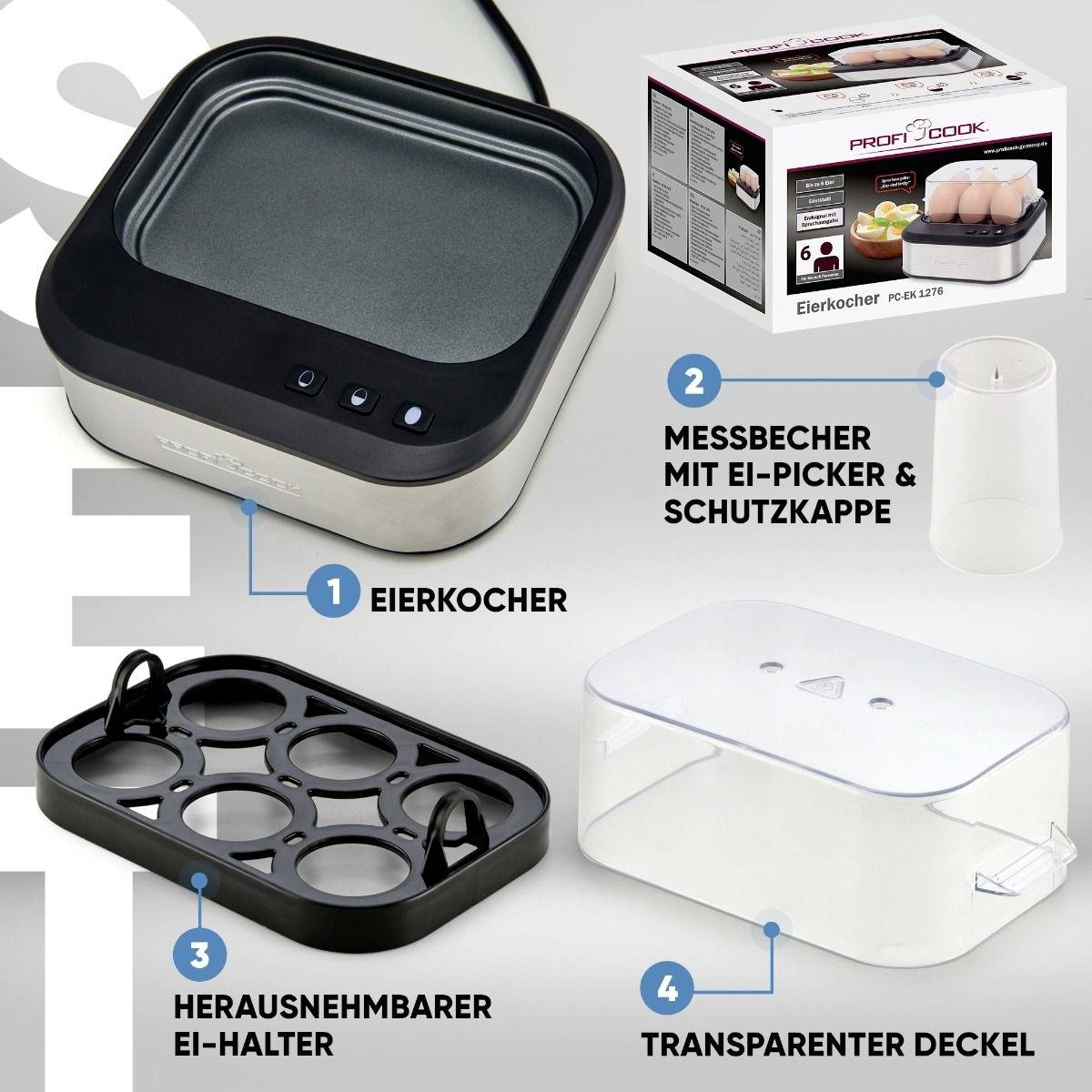 'Eierkocher Set' bestehend aus Eierkocher, herausnehmbarer Ei-Halter, Messbecher mit Ei-Picker und Schutzkappe, transparenter Deckel.