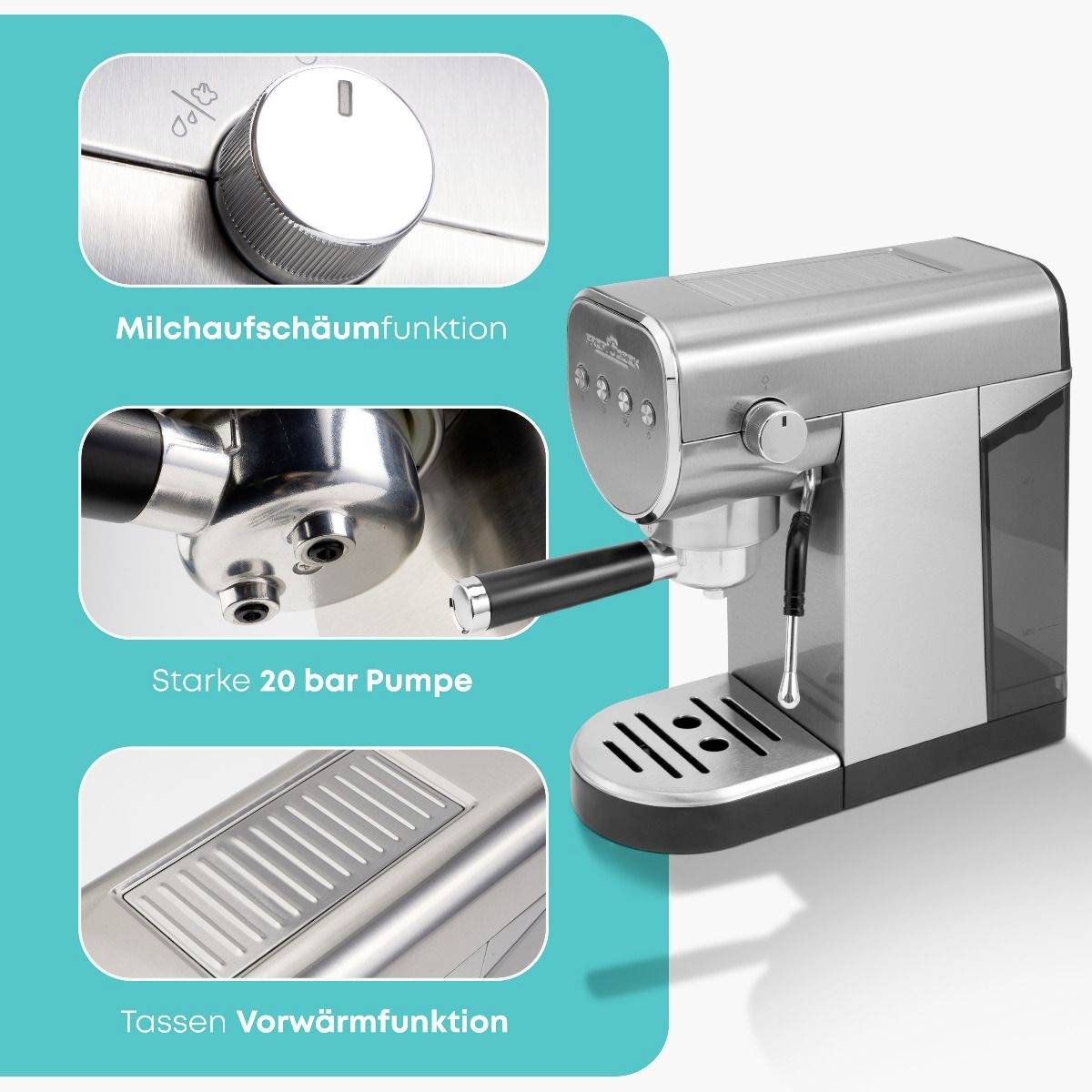 Espressomaschine mit Milchaufschäumfunktion, starker 20 bar Pumpe und Tassen-Vorwärmfunktion. Elegantes Design in Silber.