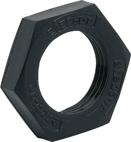 Eine schwarze Sechskantmutter mit Gewindeöffnung, seitlich liegend, vor weißem Hintergrund.