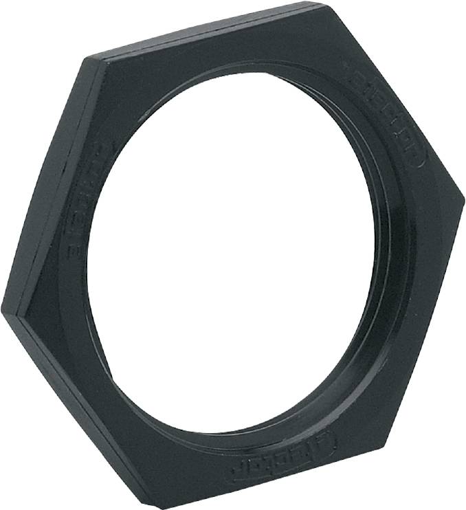 Schwarze, sechseckige Mutter ohne Innengewinde, aus Kunststoff, meist zur Sicherung von Schrauben auf einer Oberfläche verwendet.