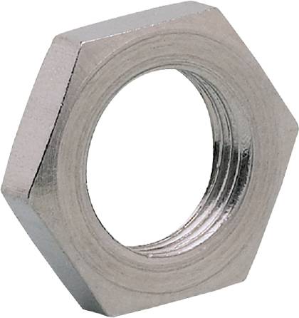 Sechskantmutter aus Metall, glänzend, liegt auf einer weißen Oberfläche. Hauptsächlich in Bau- oder Montagearbeiten verwendet.