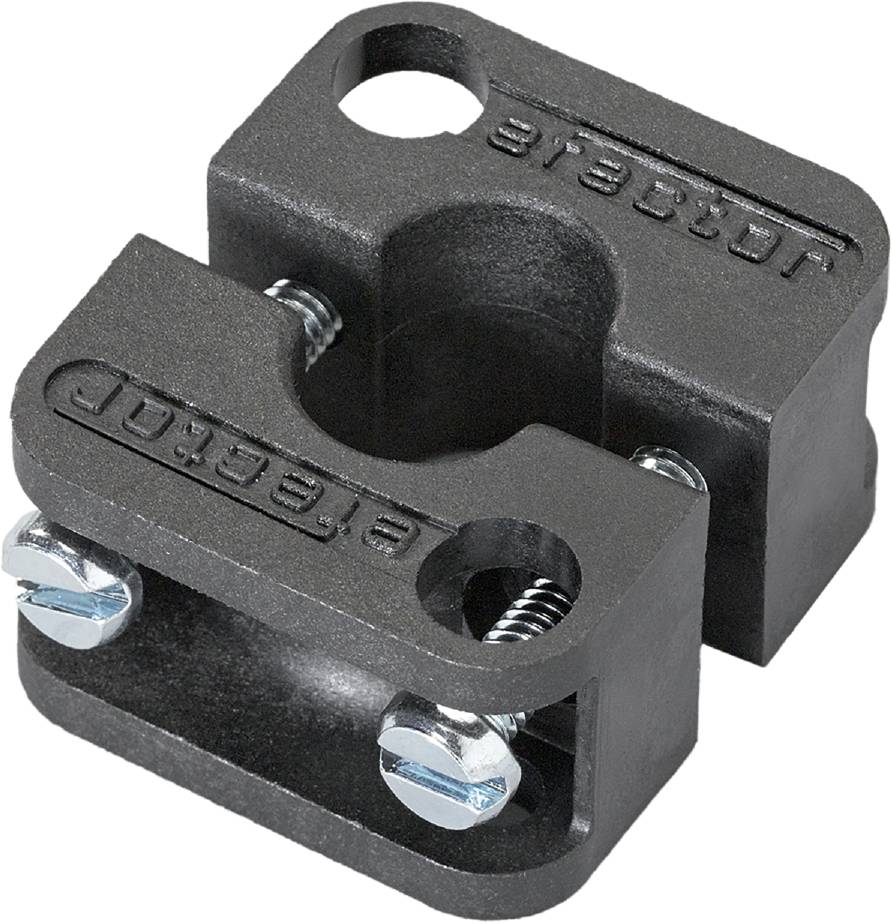 Zwei schwarze Kabelklemmen aus Metall mit Schrauben zur Befestigung. Sie sind auf einem weißen Hintergrund abgebildet.