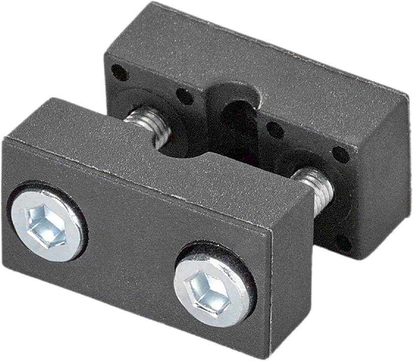 Schwarzes Metallblockprodukt mit zwei Bolzen und Muttern, möglicherweise als Befestigungselement verwendet.
