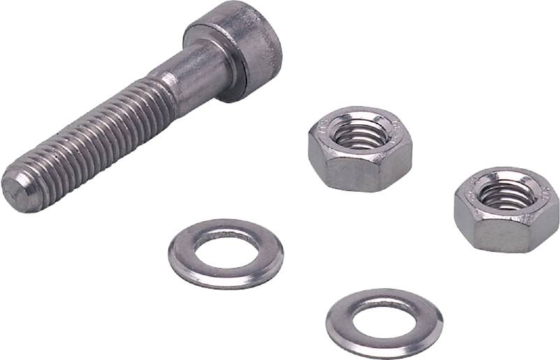Schraube, Mutter und zwei Unterlegscheiben aus Metall auf weißem Hintergrund.