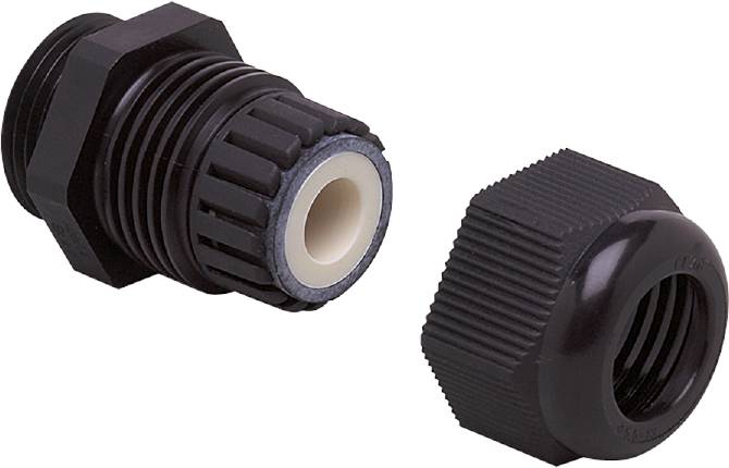 Ein schwarzer, gerippter Verschluss mit einer Öffnung in der Mitte zeigt Seitenansicht und Rückansicht. Verwendet für Kabeldurchführungen.