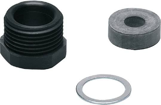 Eine schwarze Metallmutter, eine graue Metallscheibe und eine flache Unterlegscheibe liegen nebeneinander auf einem weißen Hintergrund.