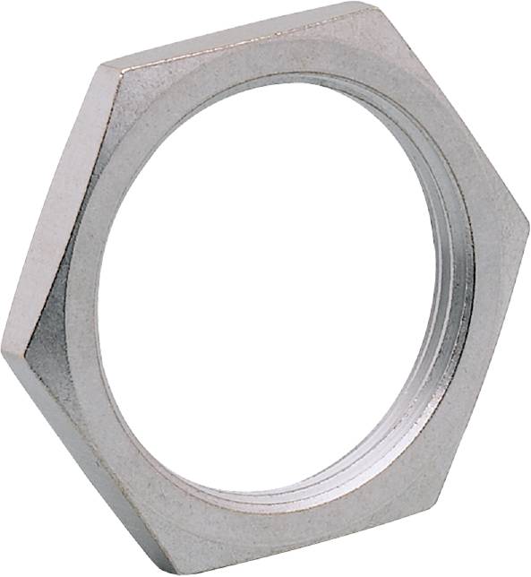 Metallische sechseckige Mutter, silberne Oberfläche, für Befestigungen und Verbindungen in Maschinen- oder Bauprojekten verwendet.