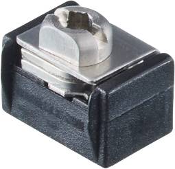 Schwarzer Plastikschalter mit silberner Metallplatte oben, für elektronische Geräte.