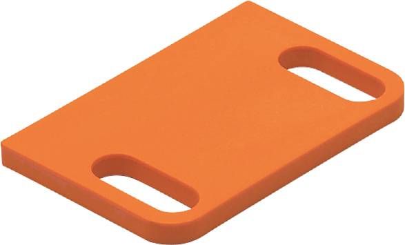 Eine orangefarbene, flache Plastikplatte mit abgerundeten Ecken und zwei ovalen Löchern an den gegenüberliegenden Seiten.