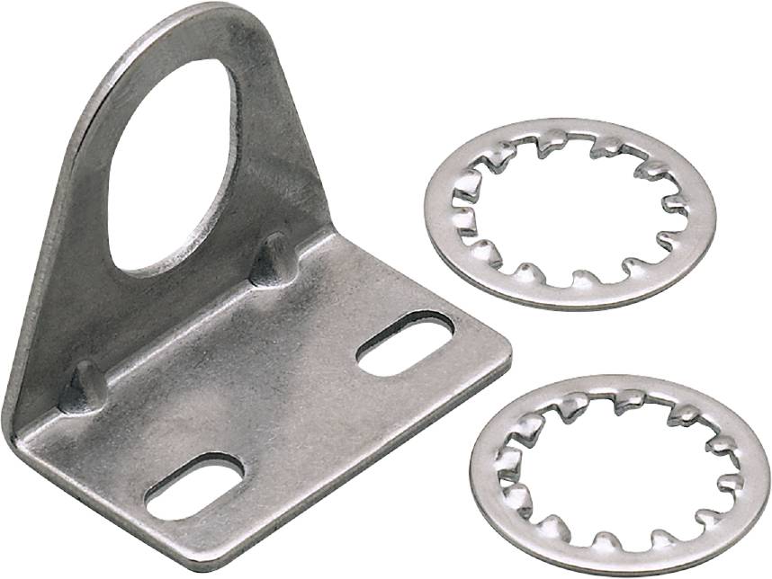 Metallwinkelhalterung mit zwei sternförmigen Sicherungsscheiben auf schwarzem Hintergrund.