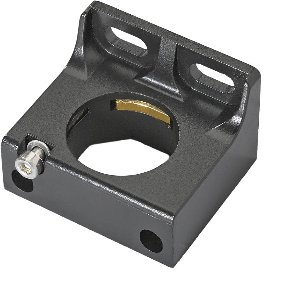 Metallhalterung mit zwei Schraubenlöchern oben und einer runden Öffnung in der Mitte, auf schwarzem Hintergrund.