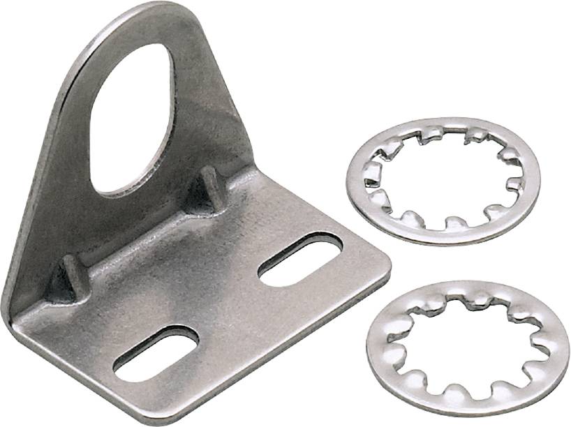 Ein silbernes Metallwinkelstützteil mit zwei kleinen runden Sicherungsringen daneben, zeigt eine Halterung für Befestigungen.