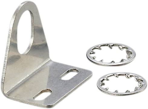 Metallwinkelhalterung mit zwei Löchern, flankiert von zwei Zahnscheiben auf schwarzem Hintergrund. Dient zur Befestigung.