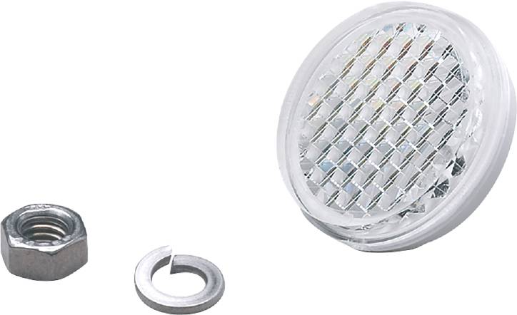 Ein kleiner silberner Ring liegt neben einem runden Reflektor mit einem gitternetzartigen Muster auf schwarzem Hintergrund.